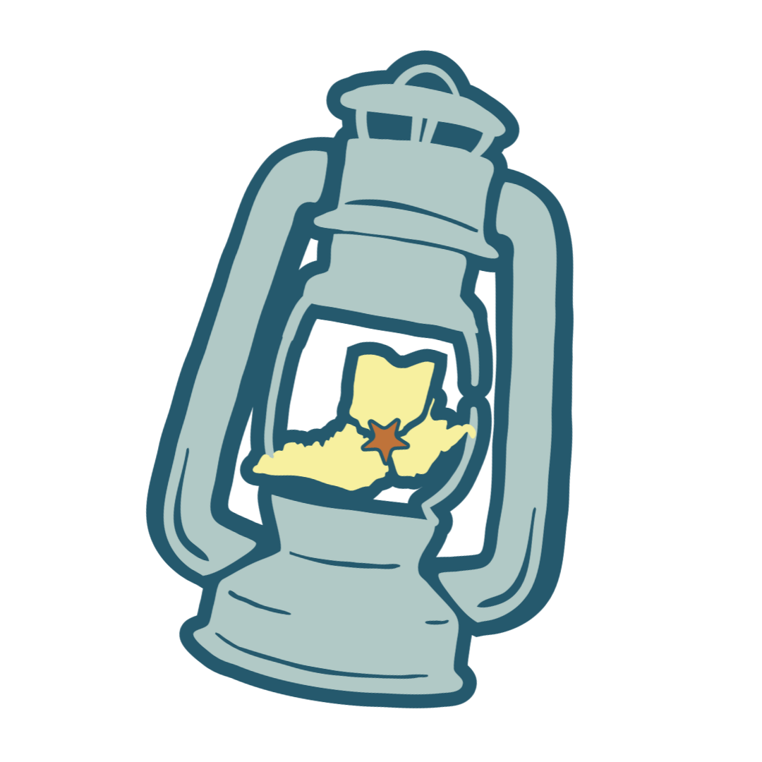 Illustration of a lantern with a map of Texas inside, featuring a star marking a location.