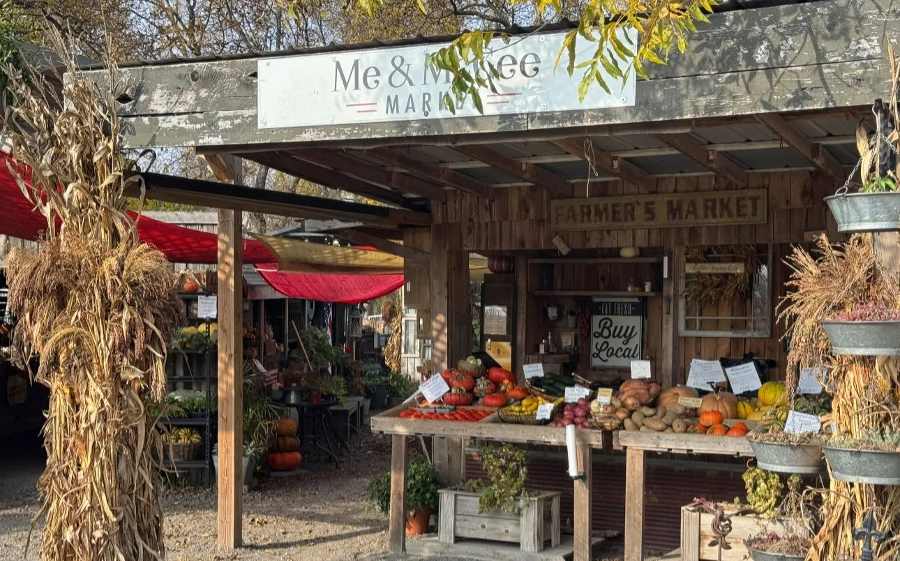 Farmer's market stand with various vegetables including pumpkins, squash, and gourds, surrounded by dried corn stalks and plants, with a sign that reads 'Buy Local'.