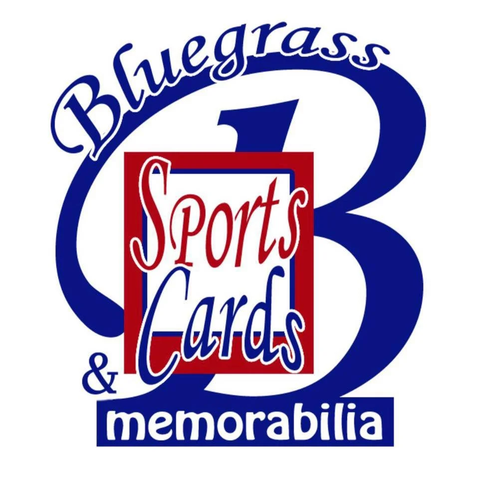Logo for Bluegrass 13 Sports Cards & Memorabilia with text in blue, red, and white.