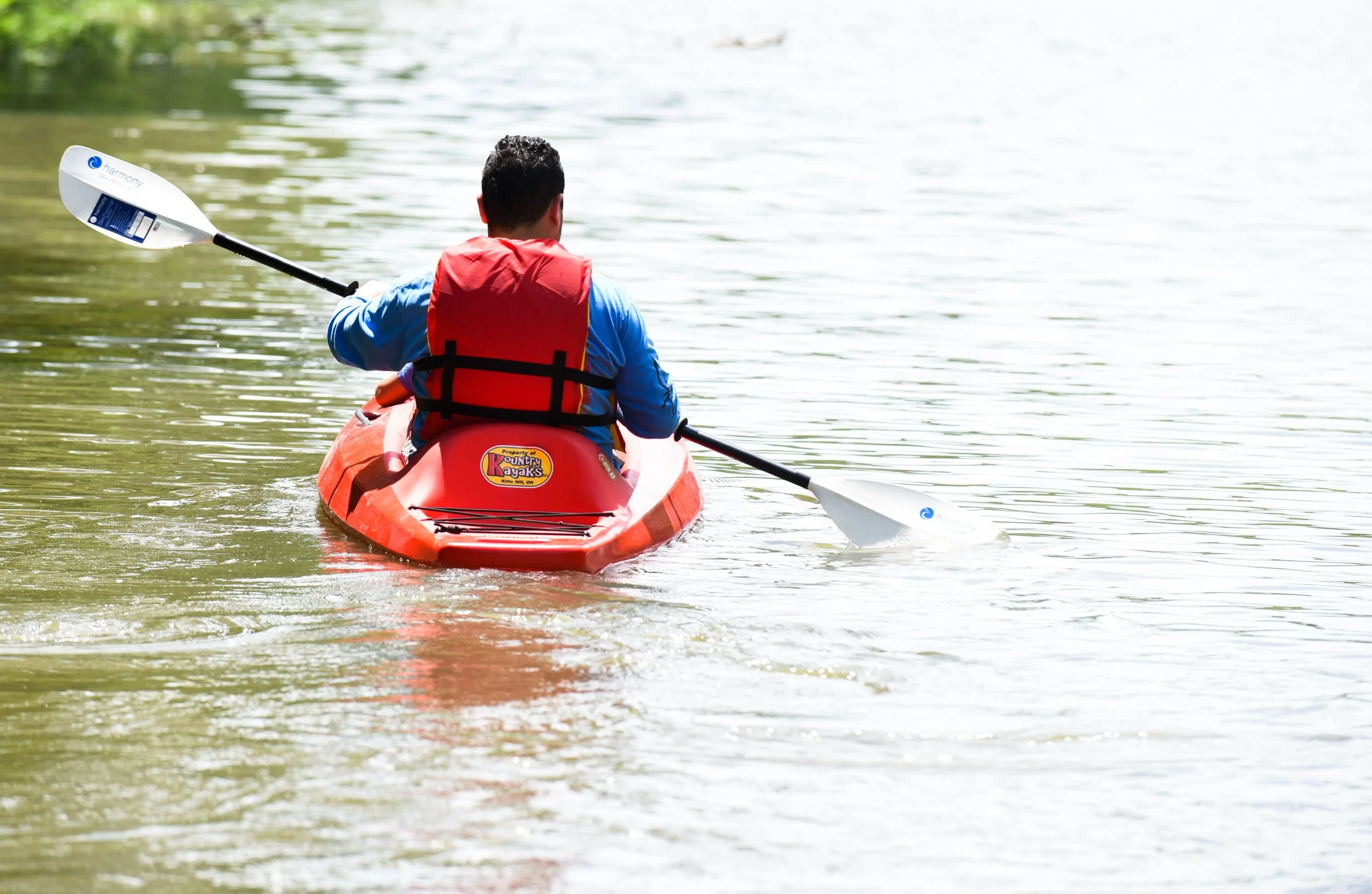 A person kayaking on a body of water, facing away from the camera, wearing a red life jacket and a blue shirt, with a paddle in hand.