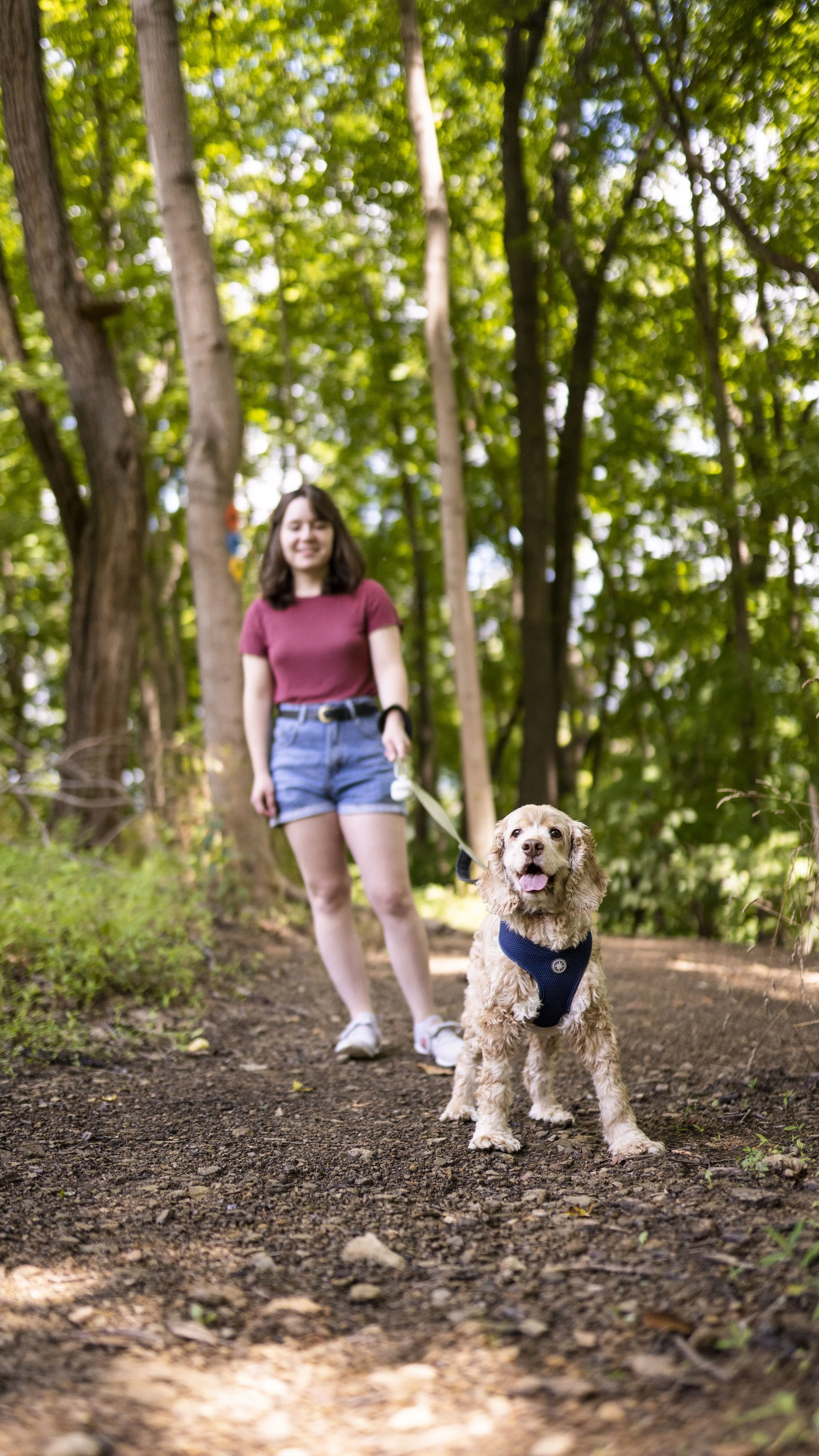 A young woman walking her dog on a dirt path in a wooded area, with green trees and sunlight filtering through the leaves.