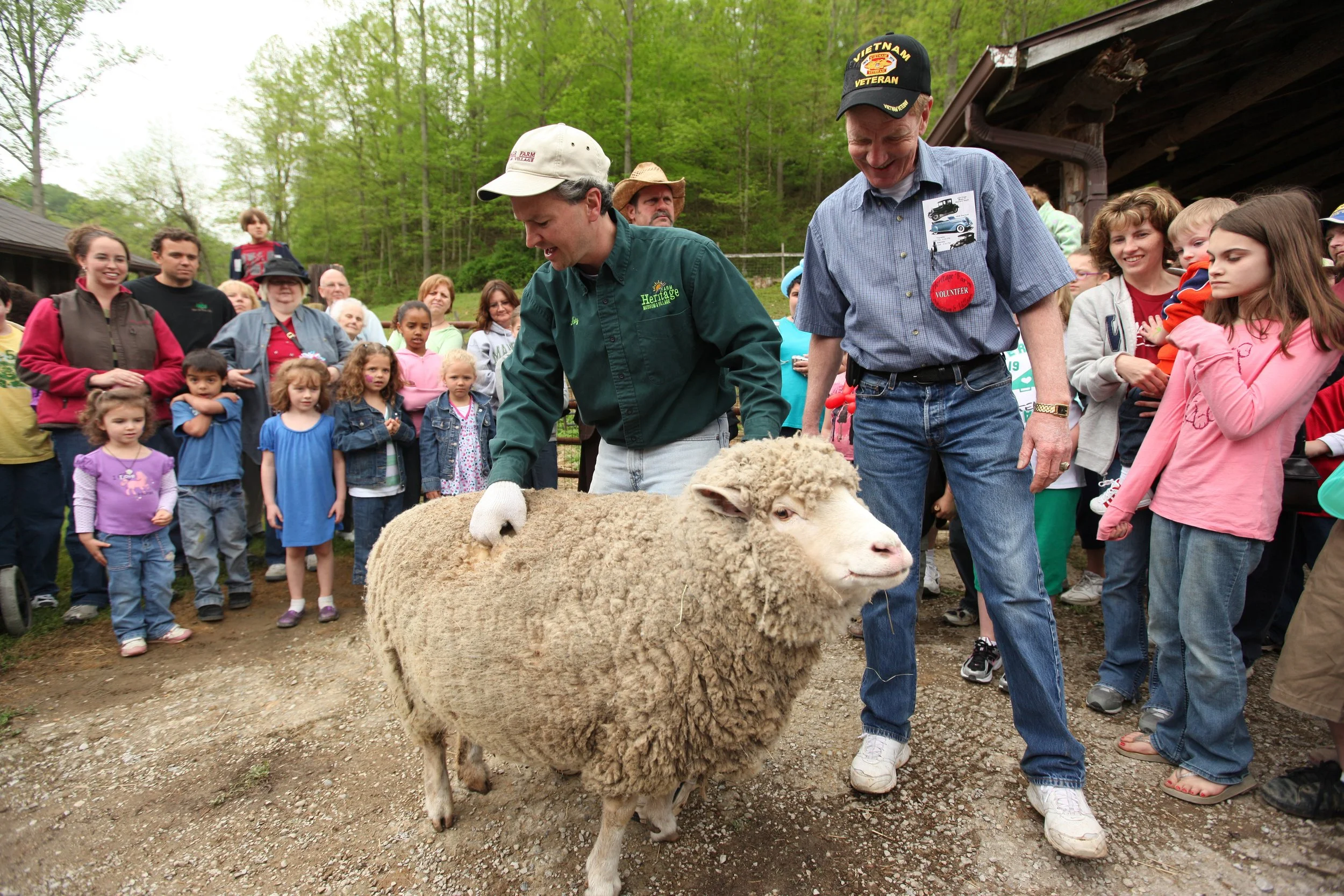 A group of children and adults gathered outdoors on a dirt path, watching a sheep with woolly coat being handled by two men, one of whom is wearing a green shirt and the other a blue shirt with a Vietnam veteran hat, in a rural setting with green trees and a building in the background.