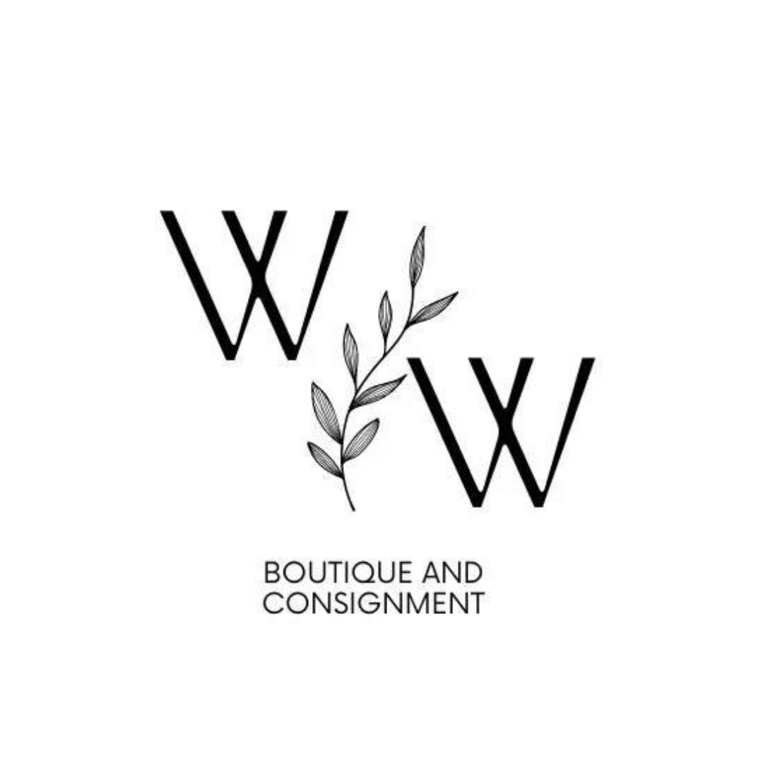 Black and white logo for W W Boutique and Consignment, featuring a decorative branch between the overlapping letters W W.