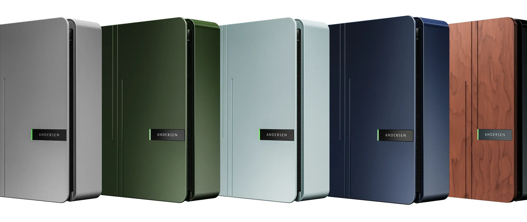 Series of five modern refrigerators in gray, green, light blue, dark blue, and wood finish, all with black labels marked 'Andersen'.