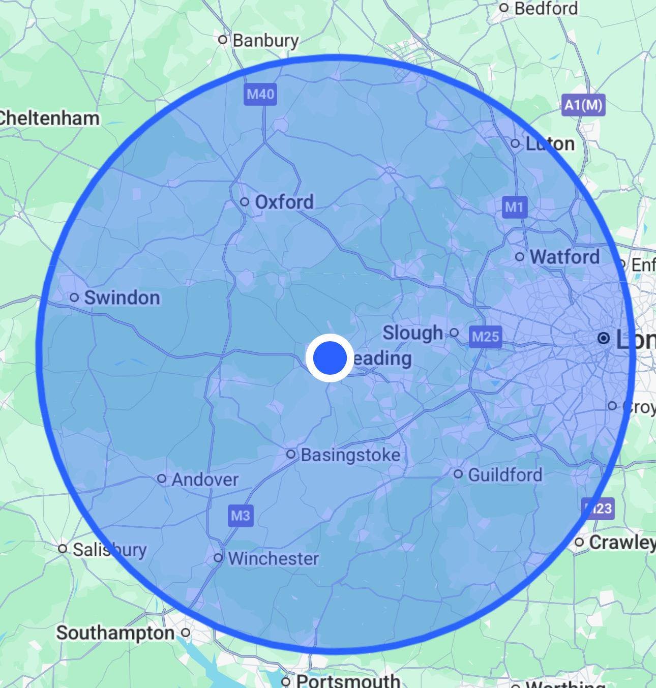 A map of southern England showing a blue circle centered around Reading, with surrounding towns and London visible.