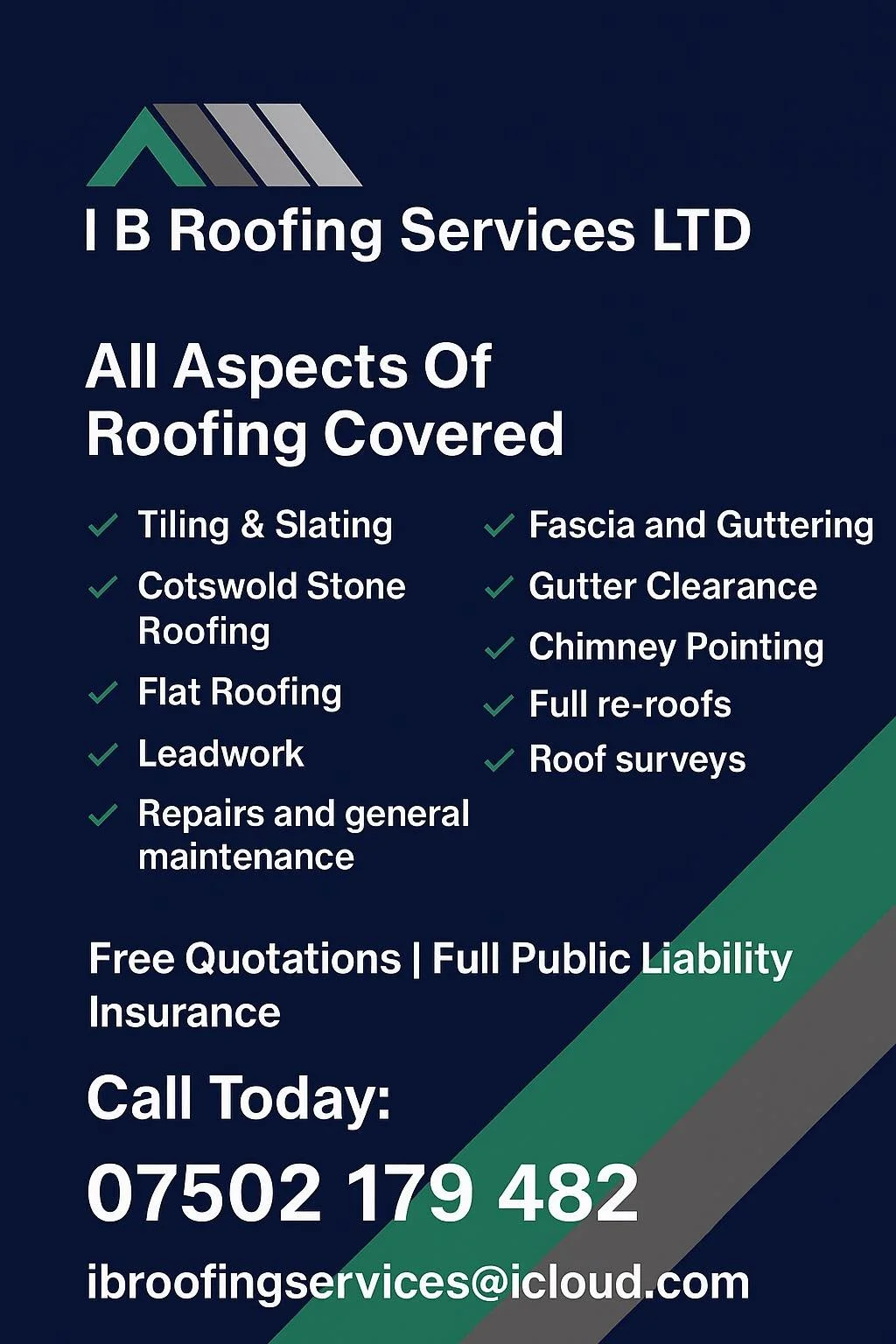Advertisement for I B Roofing Services Ltd detailing roofing services like tiling, slating, fascia, guttering, chimney pointing, roof surveys, and more, with contact information including phone number and email.