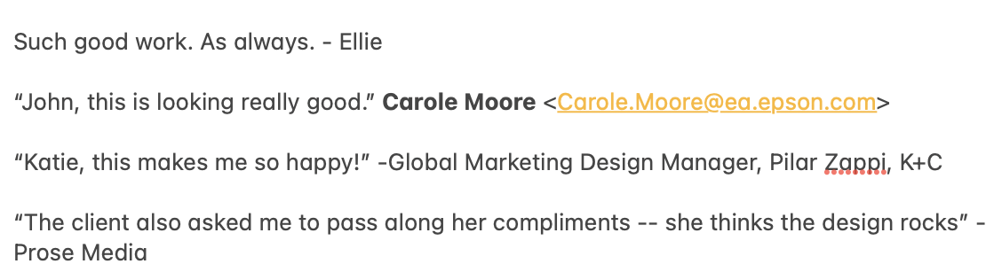 Screenshot of a document featuring quotes about work and design, with names and email addresses included.