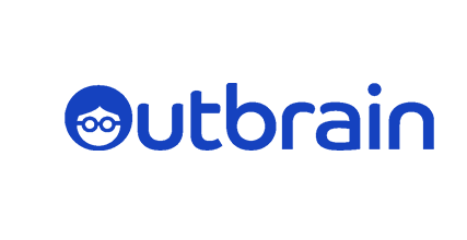 Outbrain logo featuring a blue icon of a smiling face with glasses and the word 'outbrain' in blue text.