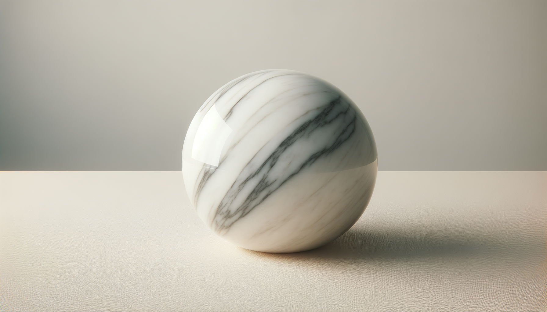 Esfera de mármore branco com veios cinza, colocada sobre uma superfície clara.