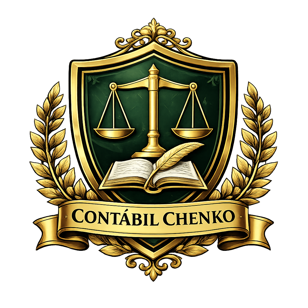 Emblema dourado com uma balança e um livro, decorado com folhagens, com a inscrição 'Contábil Chenko' na faixa inferior.