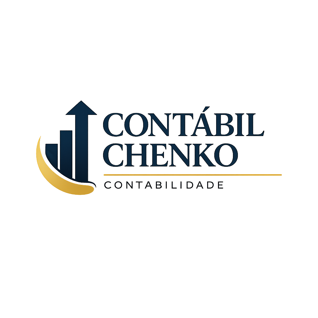 Logo de uma empresa de contabilidade chamada Contábil Chênko, com um gráfico de barras ascendentes e uma seta apontando para cima, em cores azul, dourado e preto.