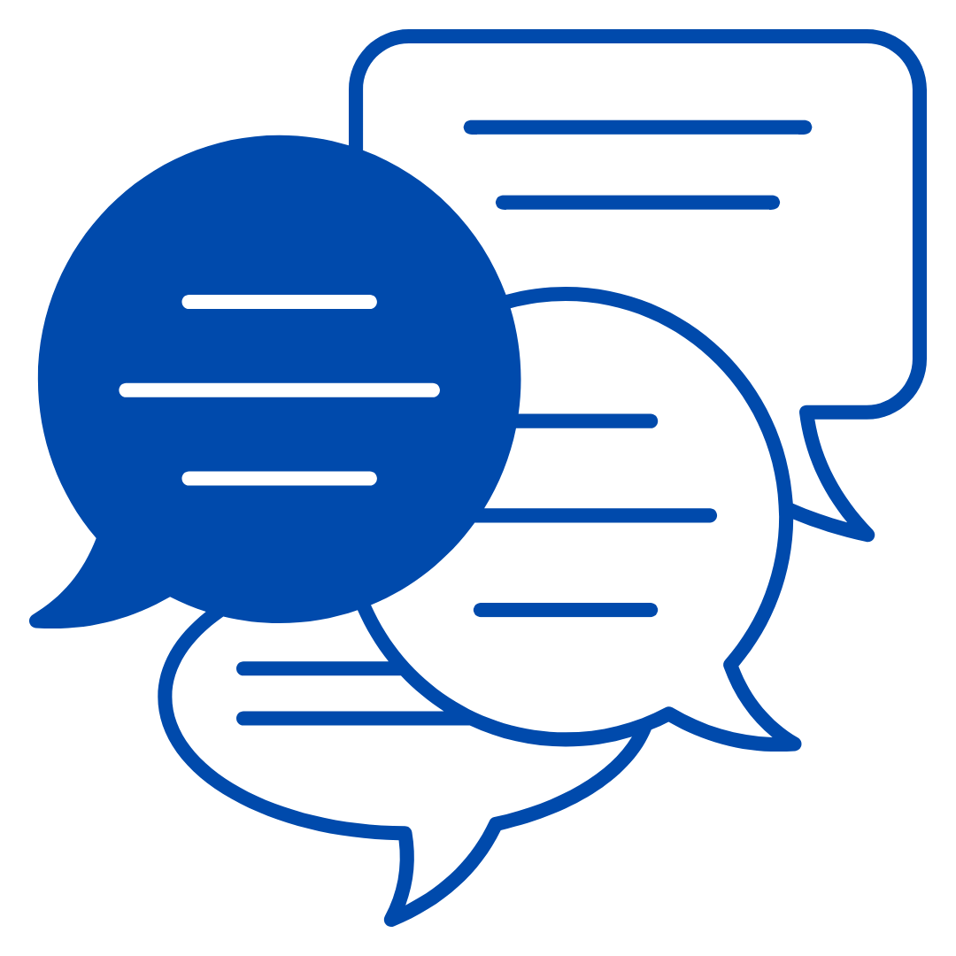 Multiple overlapping chat bubbles in blue outline, representing communication or conversation.