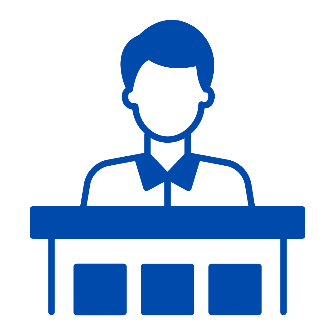 Icon of a person sitting at a desk with three drawers.