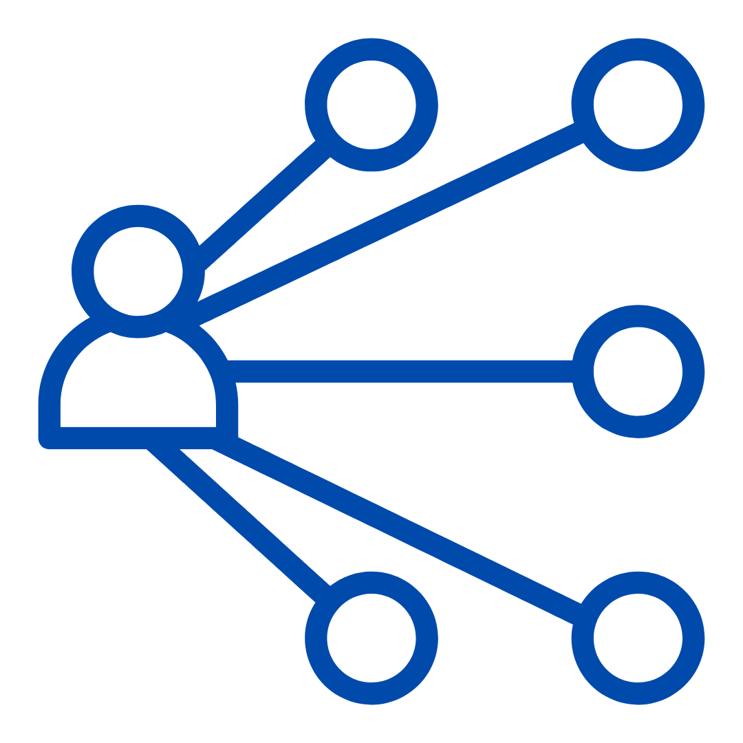 A simplified graphic of a person with lines connecting to circles, representing networking or connections.