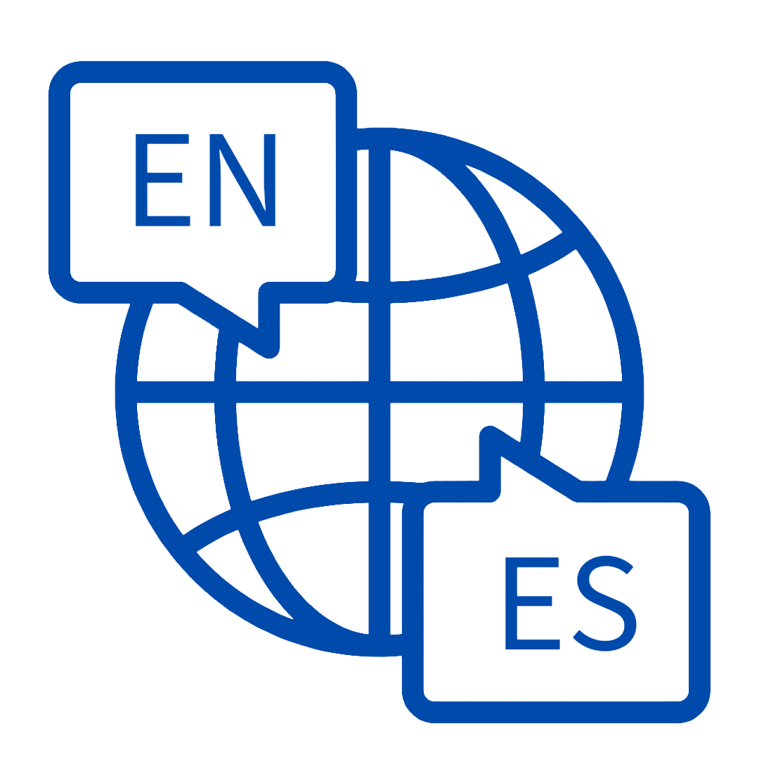 Icon of a globe with speech bubbles labeled 'EN' and 'ES', representing language translation.