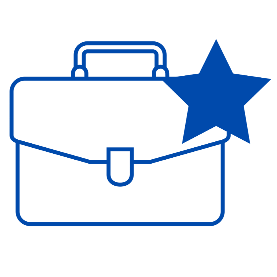 Outline of a briefcase with a star shape on the upper right corner.
