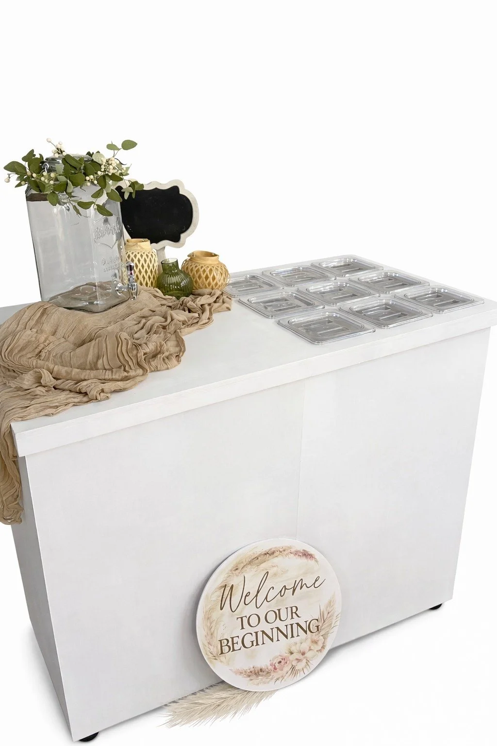 Get ready to elevate your event to new heights! We're thrilled to introduce our new event cart, offering two incredible options: a solid top and one featuring 9 serving dishes. The possibilities are endless, and we can't wait to see how you'll use it