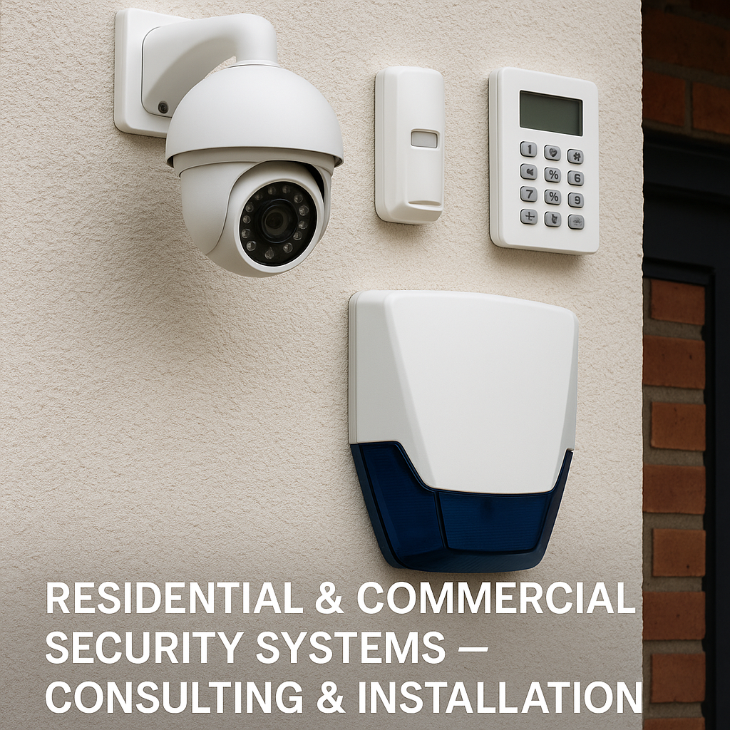 Security system components on a beige wall including a dome security camera, a motion detector, a keypad, and a control box.