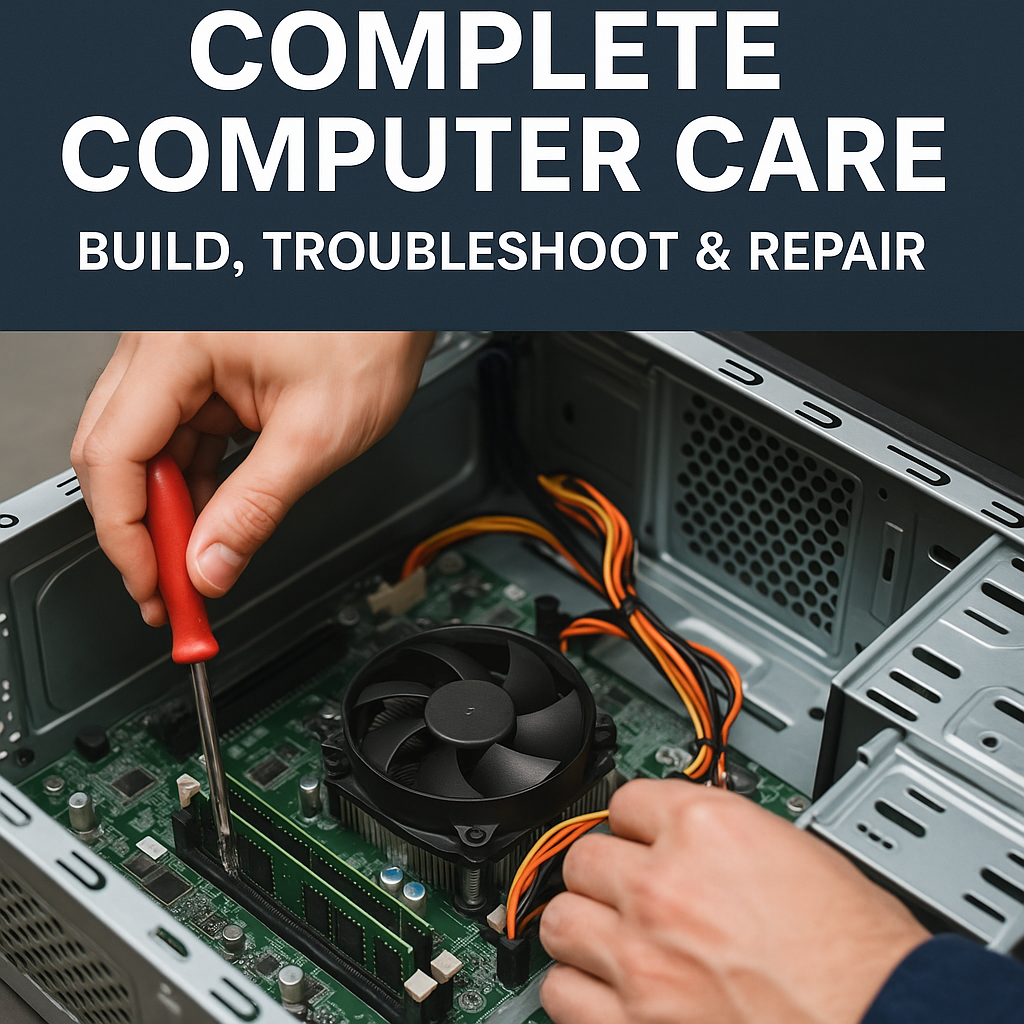 Person repairing a desktop computer, with one hand holding a screwdriver and the other hand adjusting wires inside the open case.