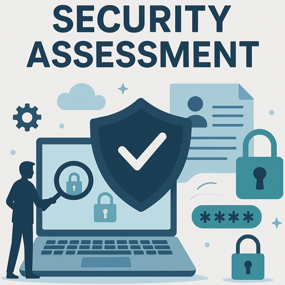 Illustration of a security assessment with a shield, padlocks, a computer, and document icons, emphasizing cybersecurity and data protection.