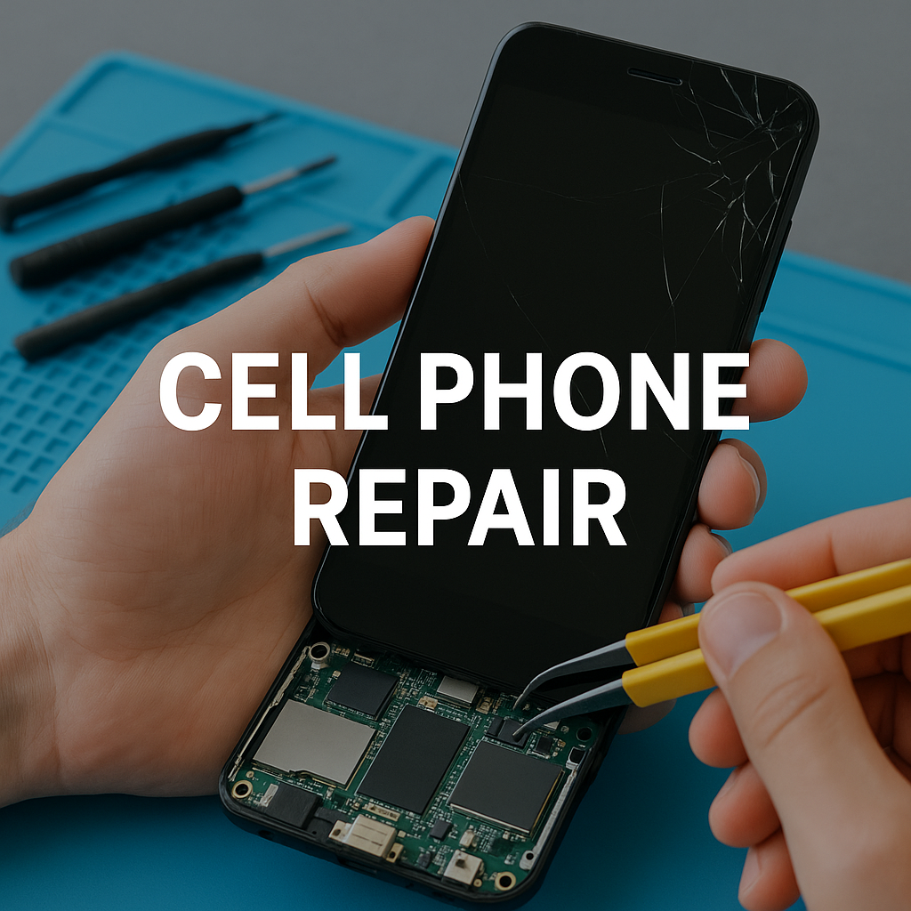 A person repairing a cracked smartphone screen using screwdrivers, with the phone’s interior exposed on a repair mat.