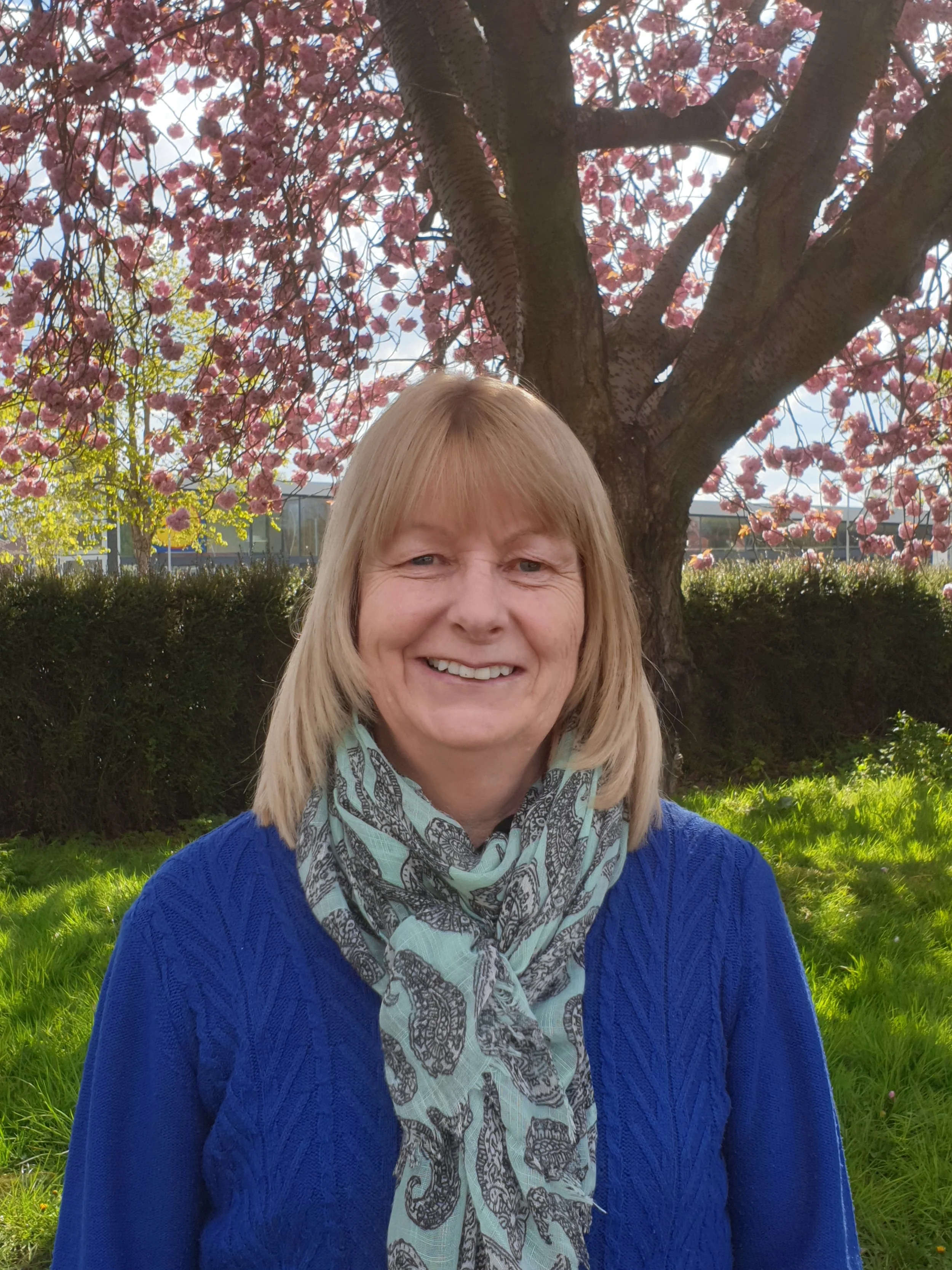 A woman with blonde hair smiling outdoors in front of a blooming pink cherry blossom tree, wearing a blue sweater and a light patterned scarf.