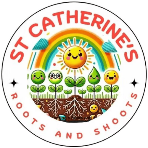 Logo for St. Catherine's Roots and Shoots featuring a smiling sun, rainbow, clouds, and cartoon plants with faces, roots, and soil.