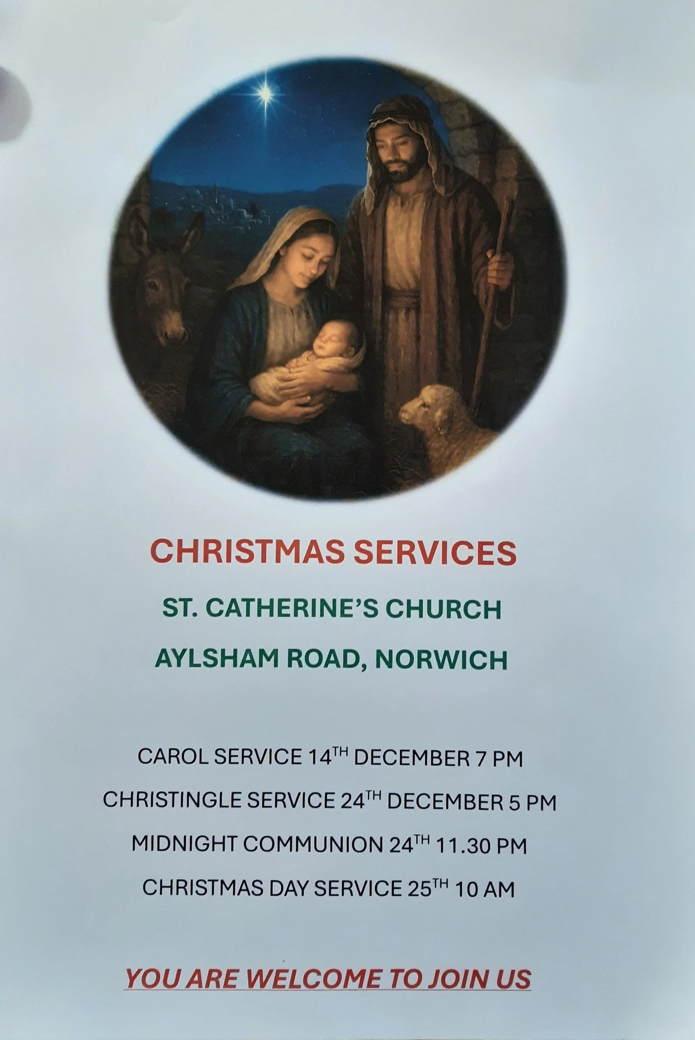 Poster announcing Christmas services at St. Catherine's Church on Aylsham Road in Norwich, featuring a nativity scene with Mary, Joseph, baby Jesus, a donkey, and a sheep, with Christmas schedules and a welcoming message.