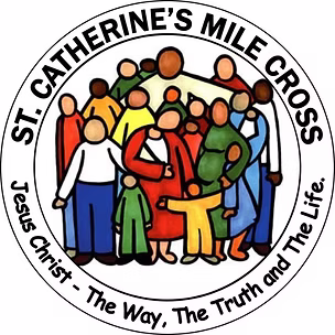 Logo for St. Catherine's Mile Cross featuring a group of diverse cartoon people around a cross, with the text 'Jesus Christ - The Way, The Truth and The Life'.
