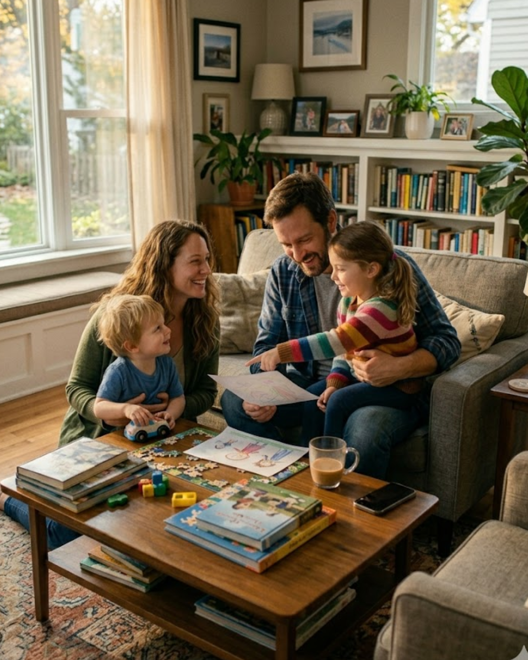 A happy dad sitting on a couch with his family being present