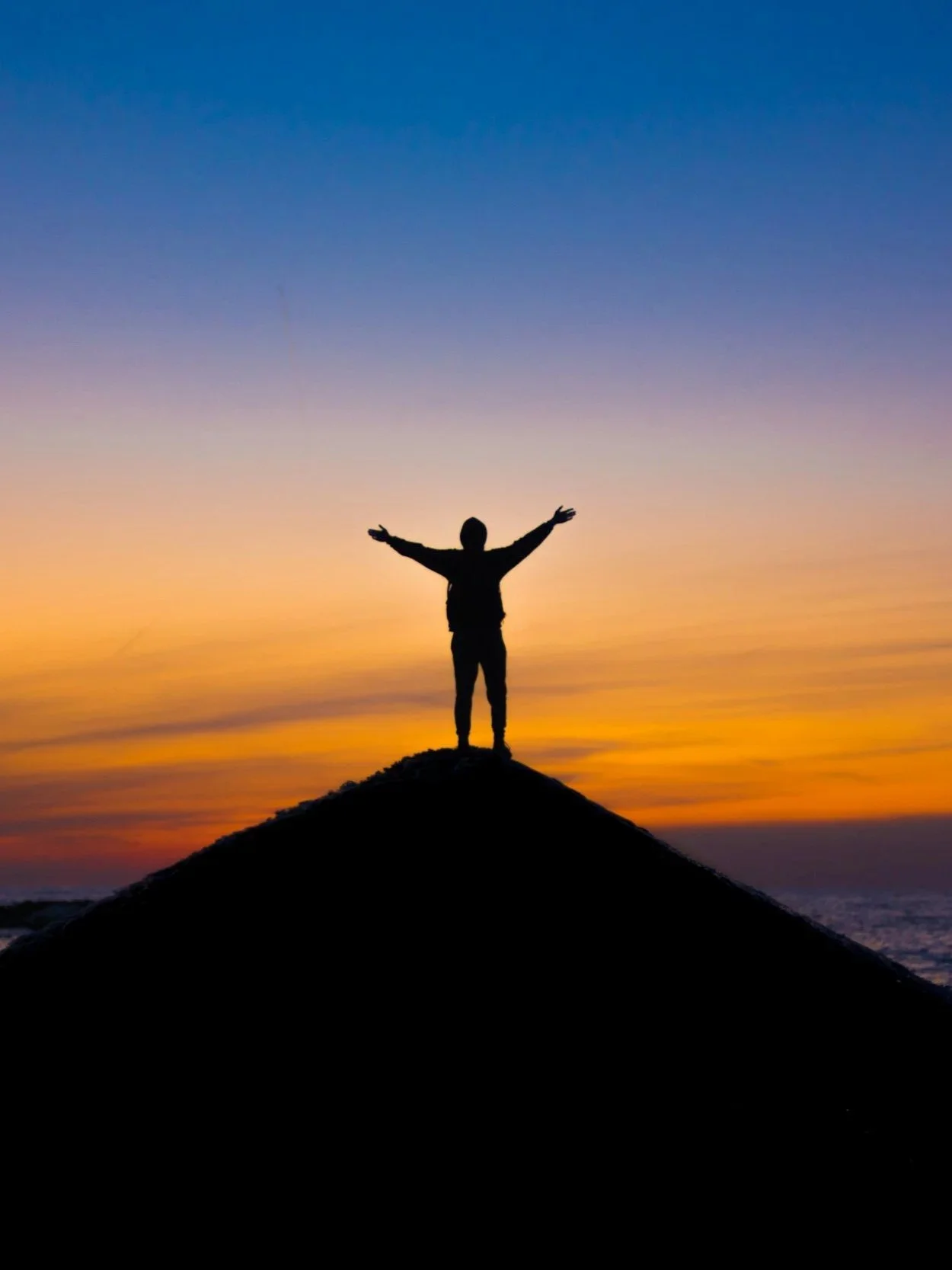 A man accomplishing his goal and being alone at the top.