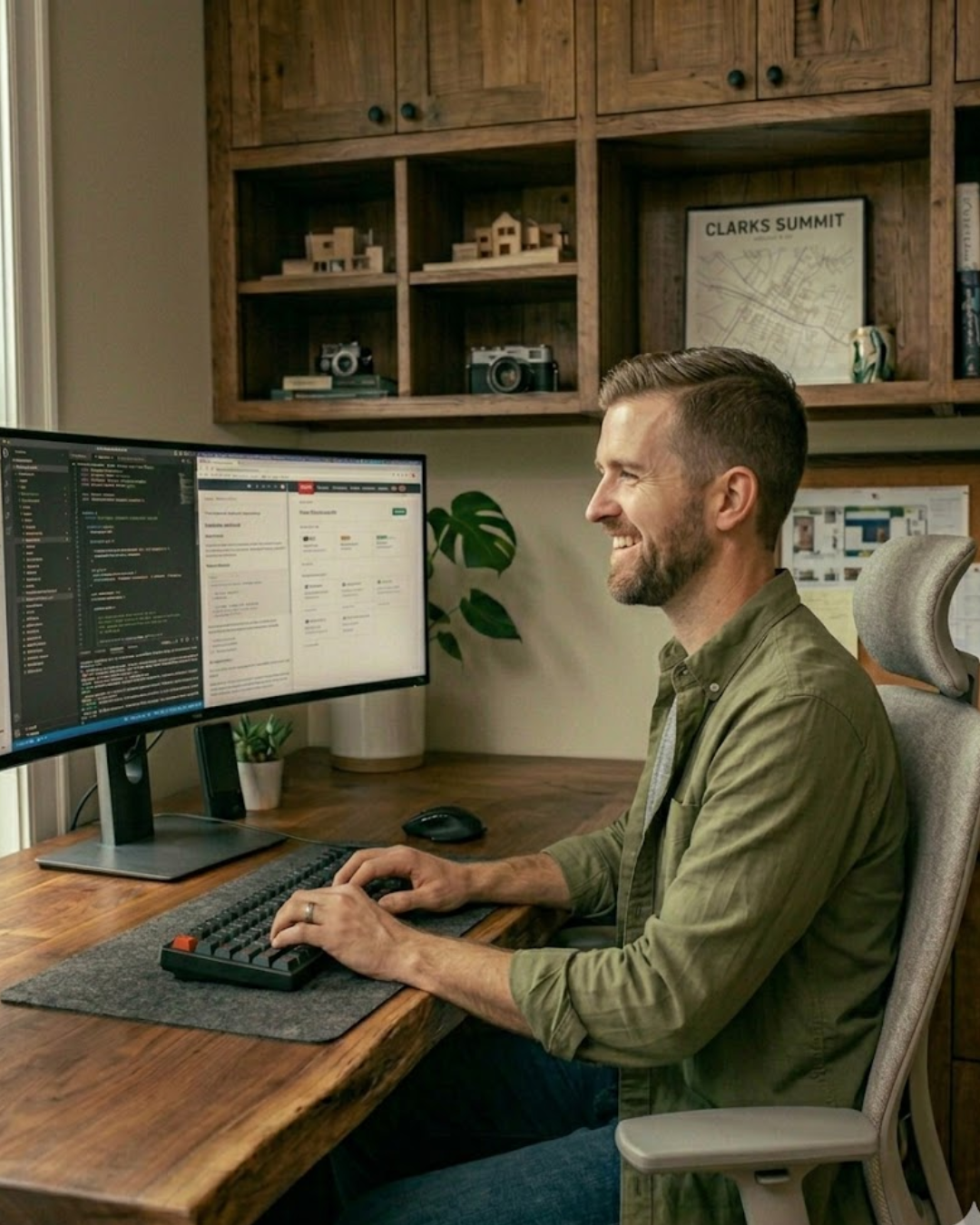 A man smiling while working.