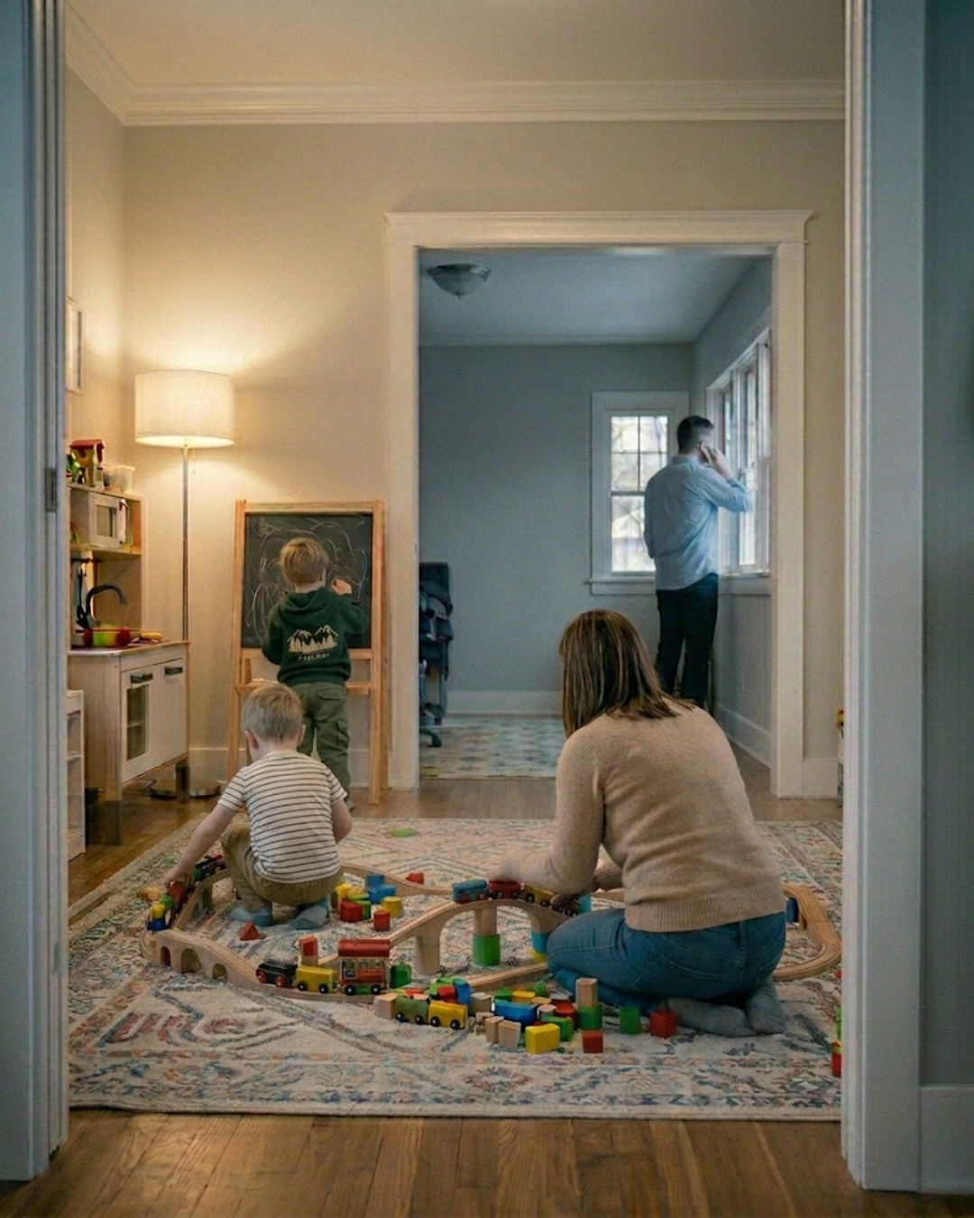 A woman and two young children playing with a train set on a colorful rug in a living room. A boy is drawing on a chalkboard, and a man is looking out the window in the background.