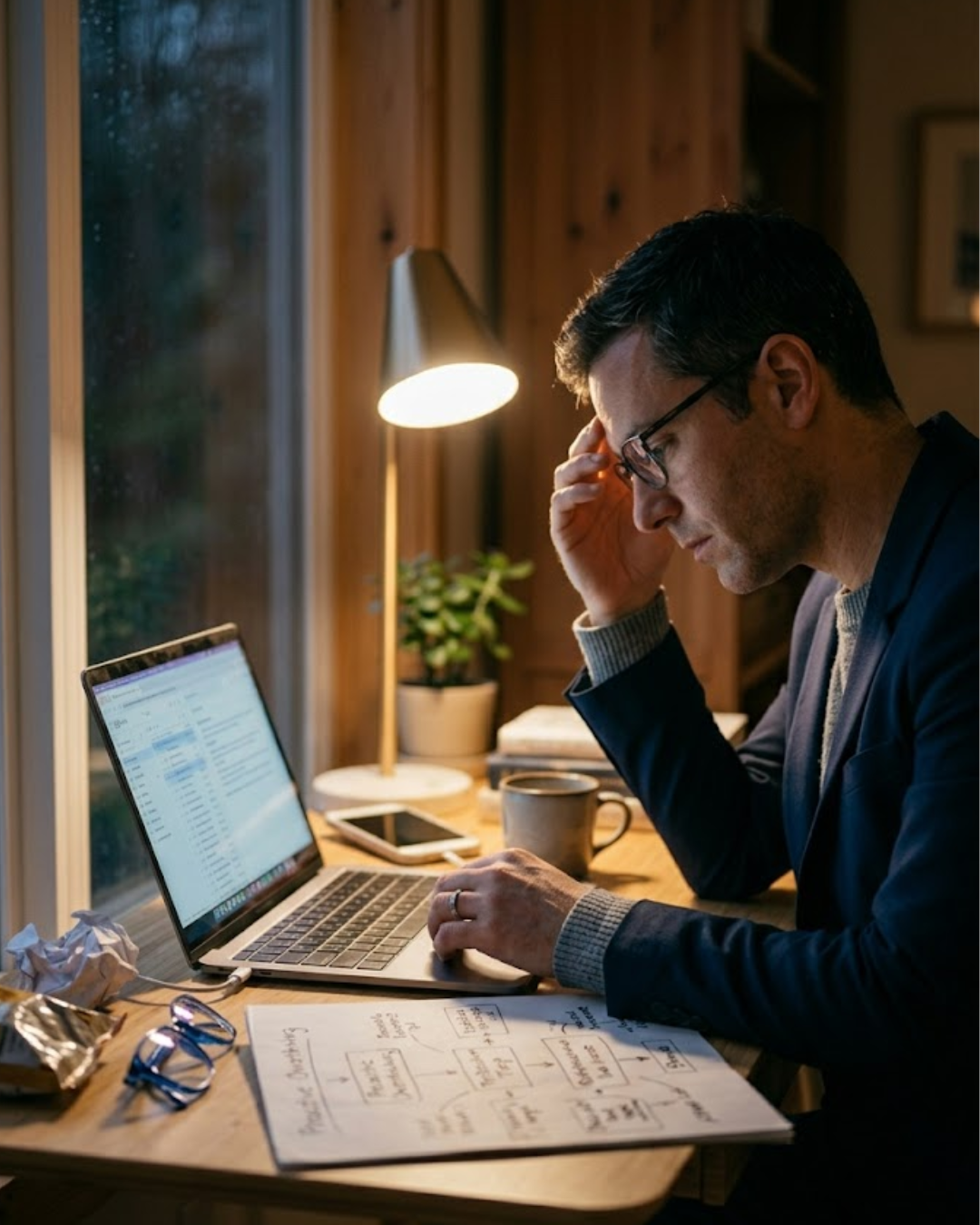 A stressed man working late at night