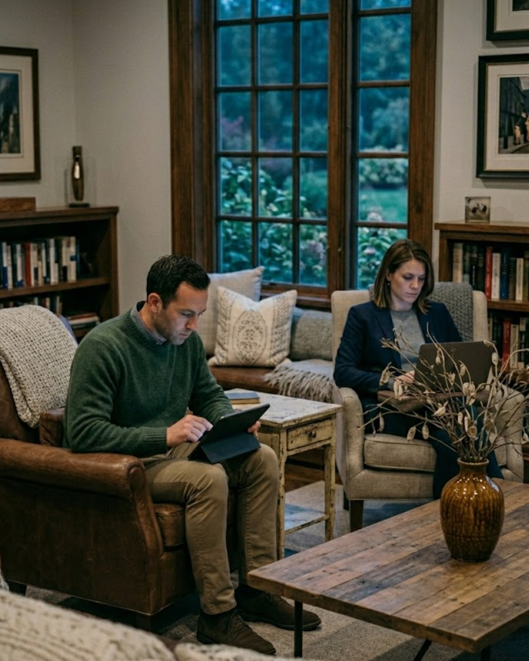 A man and a woman sitting in a cozy living room, using tablets and a laptop, with bookshelves, framed pictures, and a large window with green foliage outside.