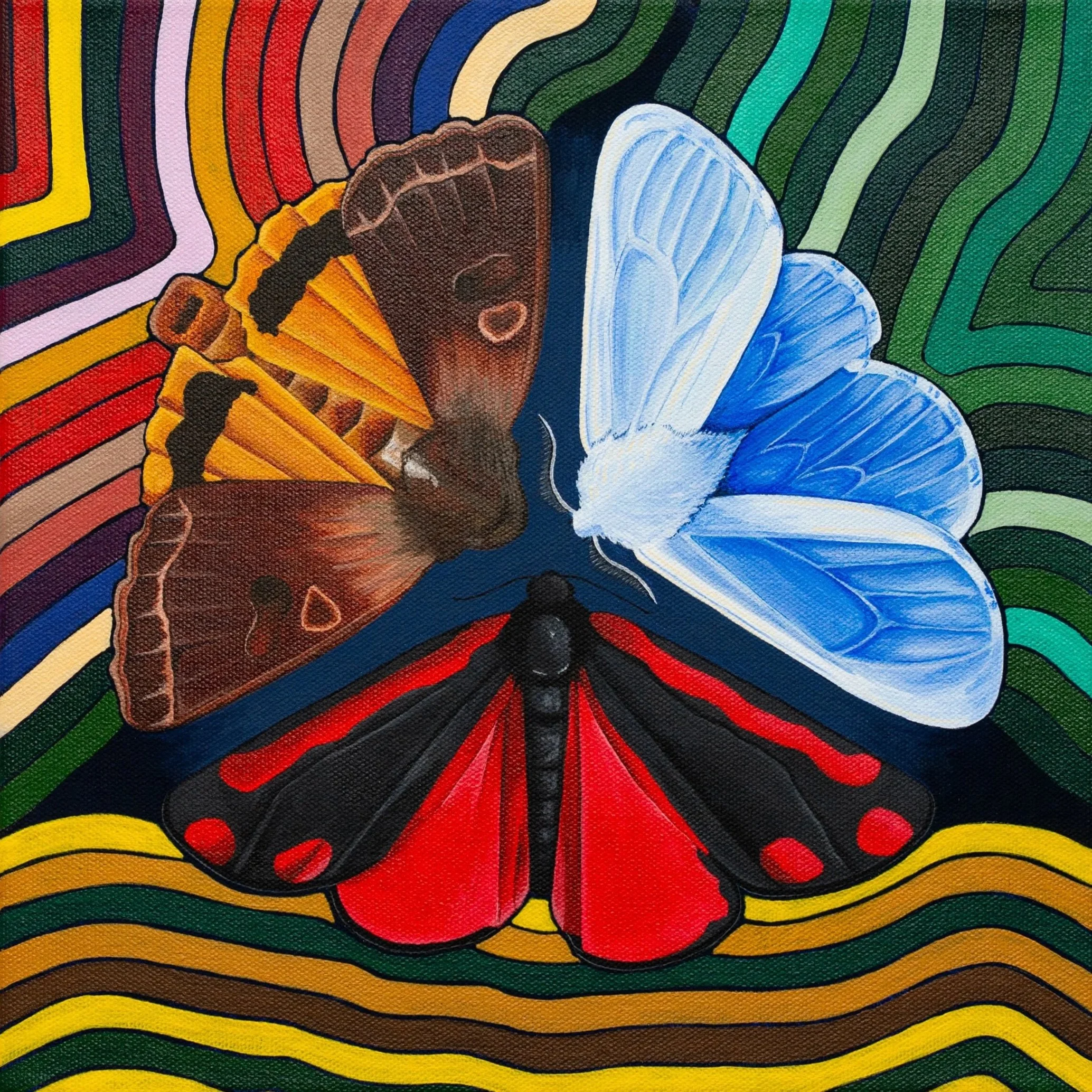 Close-up of a colorful textile with a many-colored rainbow pattern. In the center, a person with dark skin, dreadlocks, earrings, wearing a yellow patterned shirt, and blue jeans, is resting their head on their knees, face down.