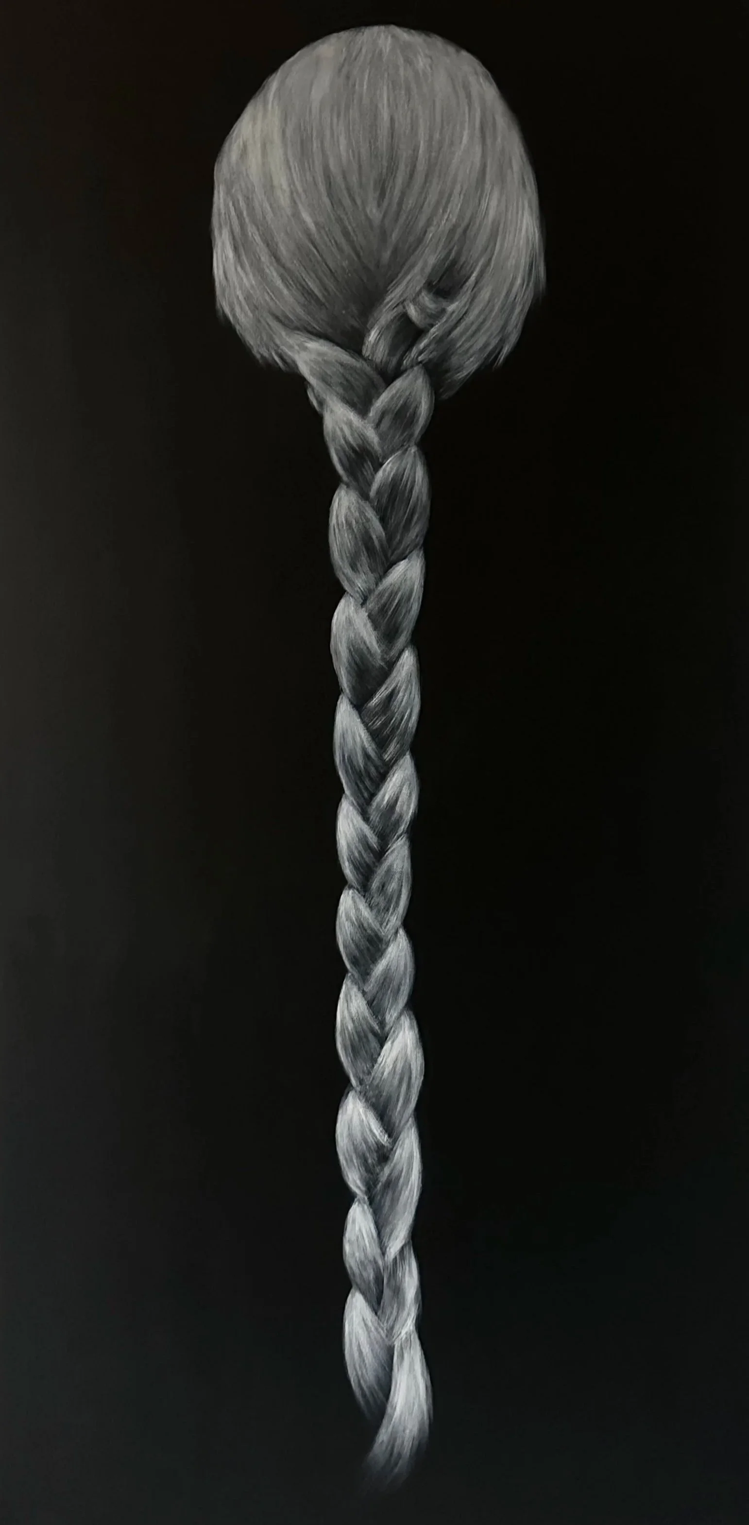 Black and white painting of a young girl with long braided hair against a black background.