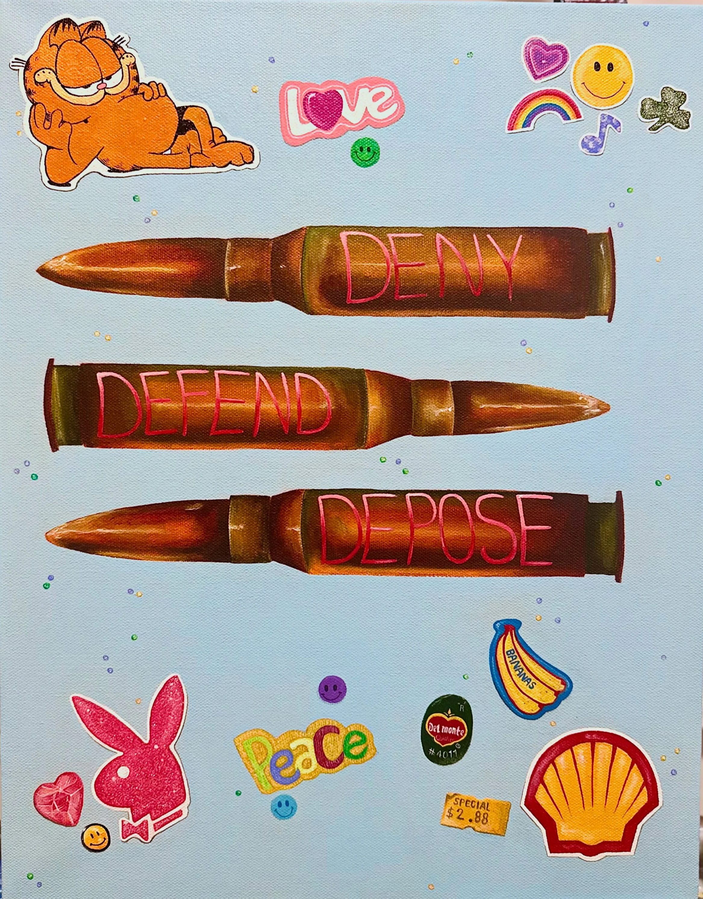 Illustration of three bullets with the words 'Deny', 'Defend', and 'Depose' written on them in pink neon letters, surrounded by various stickers including Garfield, the word 'Love,' a rainbow, smiley faces, the Playboy bunny, a peace sign, a banana, 