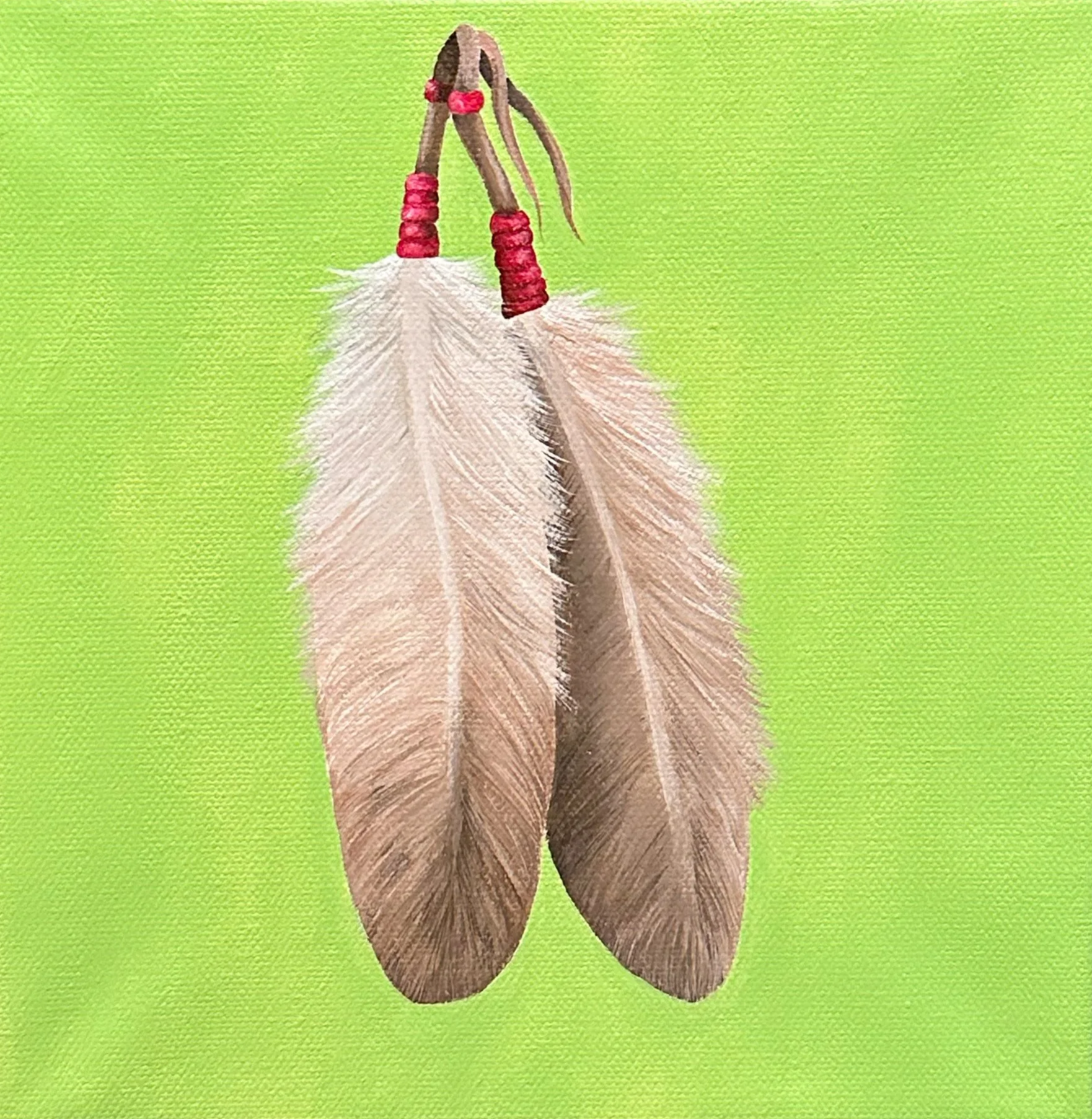 A pair of beige feathers hanging from red thread on a green background.