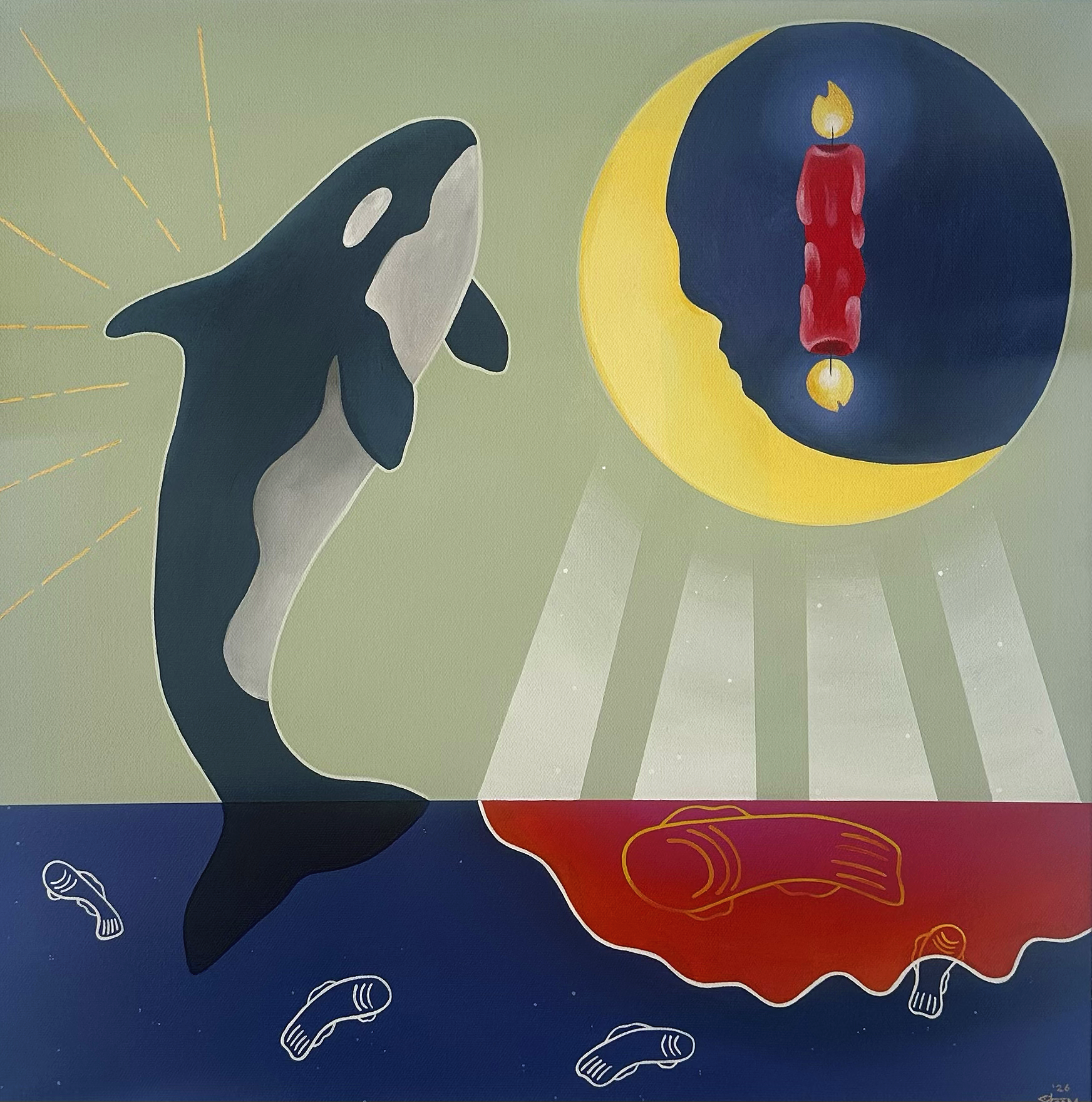 A whale appears to be jumping out of the water towards the moon, which contains an image of a hanging red candle. The scene has a surreal, dreamlike quality with stylized, contrasting colors and imagery.