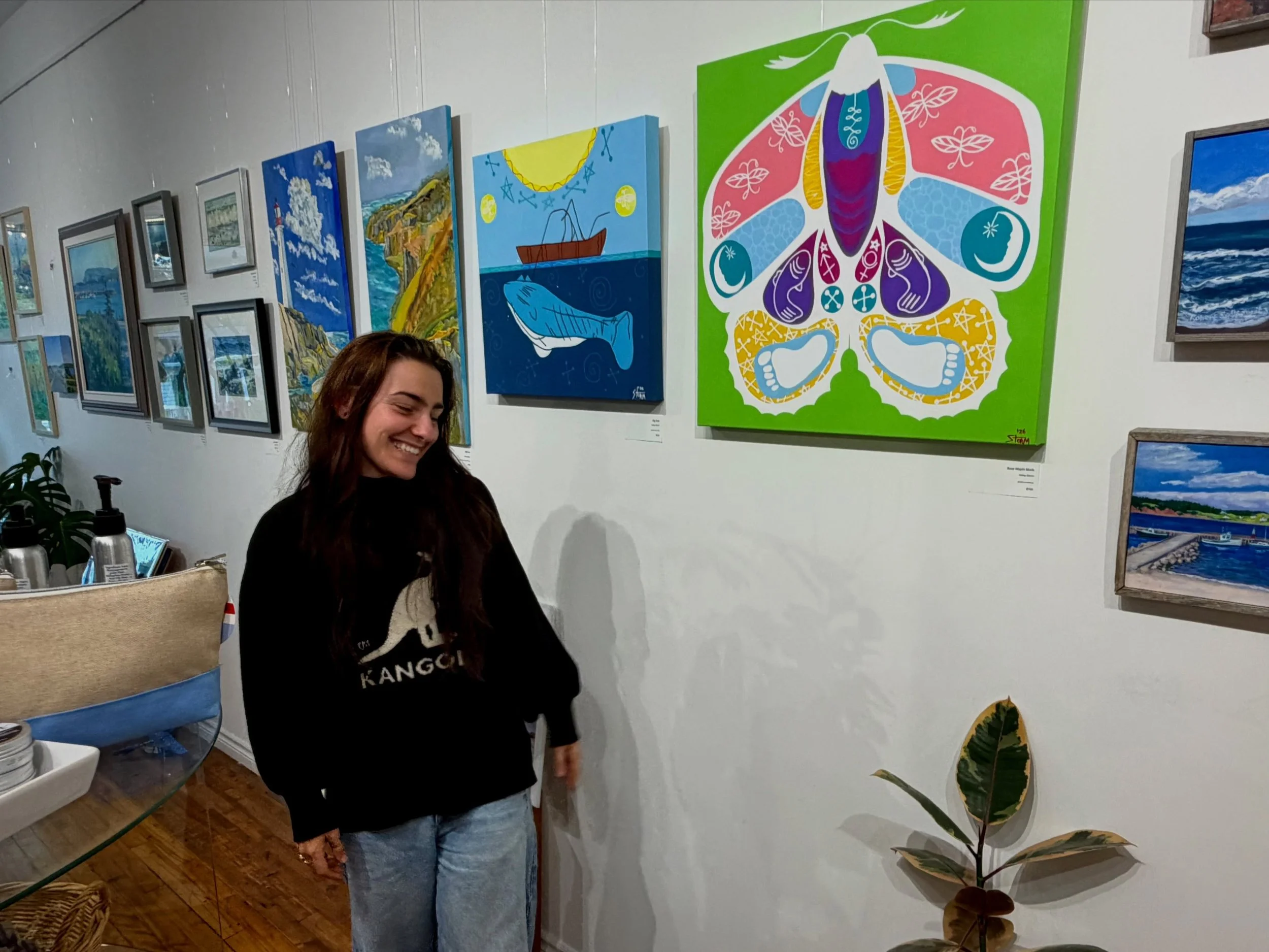 I stopped painting and left the house. Got to see my girls on the wall @flyingkiteshop 🦋🐳

#baddeck #artgallery #acrylicartistsofinstagram #moths #whaleart