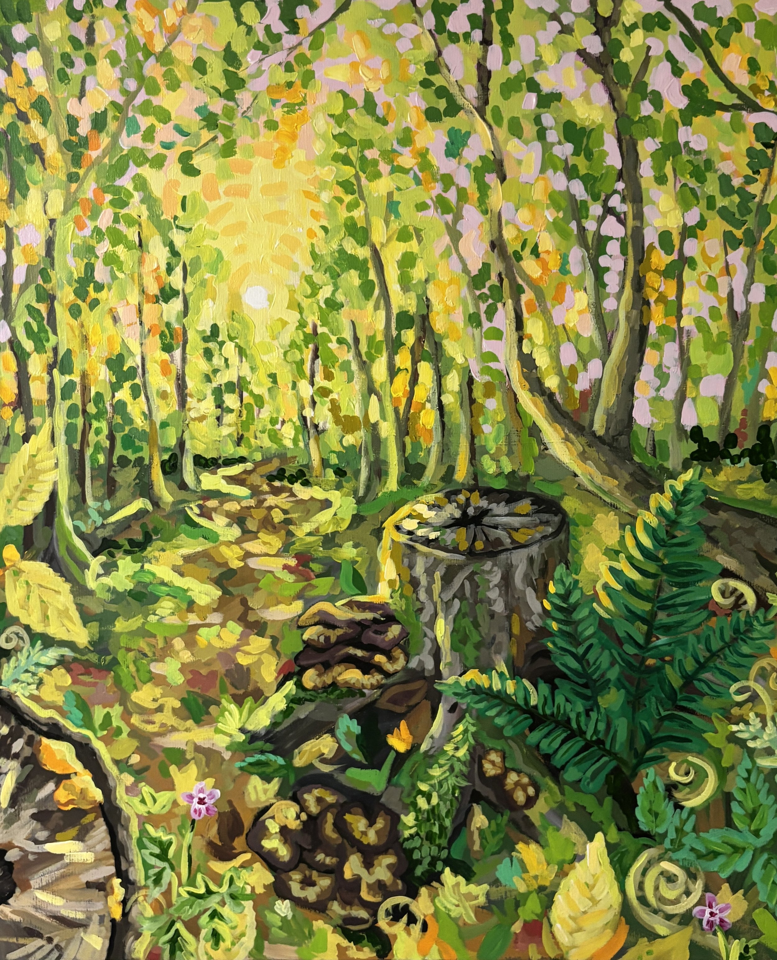 Painted image of a lush green forest with tall trees, dense foliage, yellow and purple flowers, and a large tree trunk at the center.