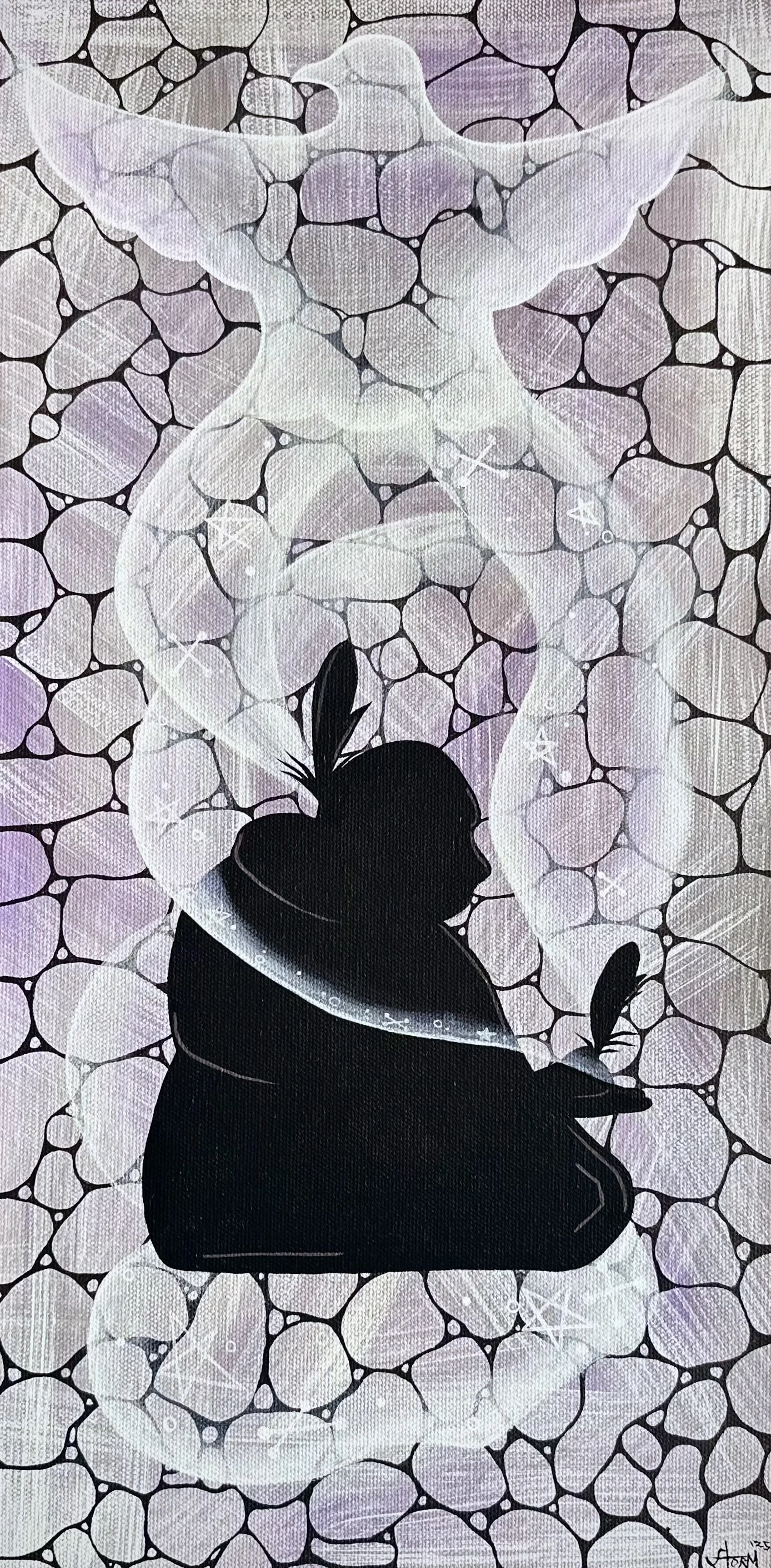 Silhouette of a woman with a shell, smoking with sage against a purple and white stone backgroud
