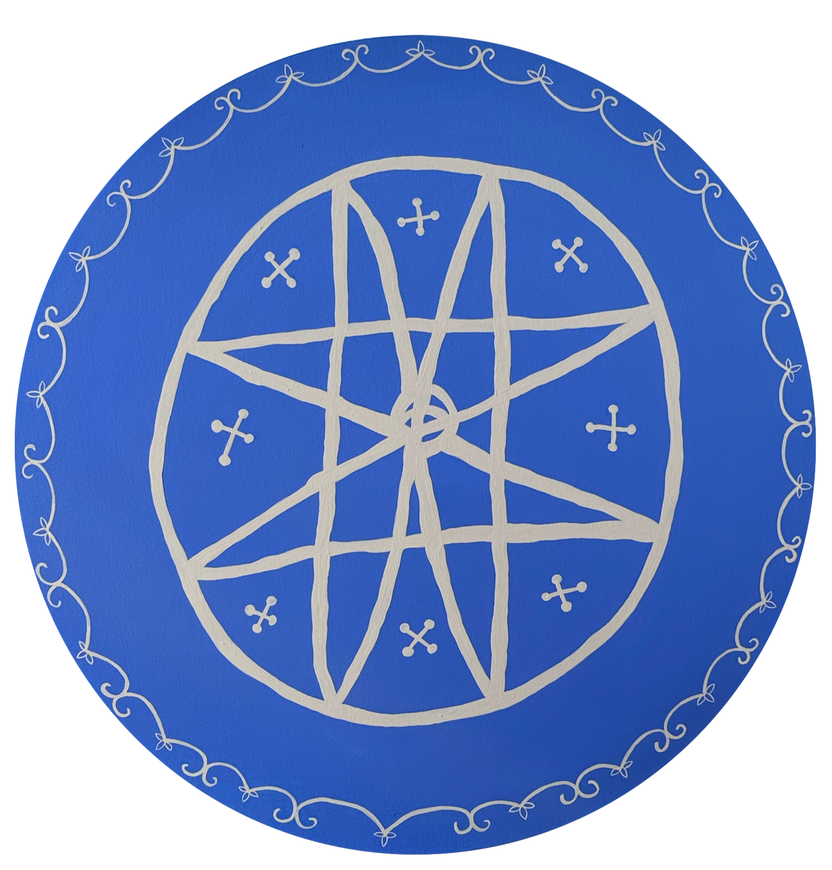 A round blue painting depicting ancient indigenous Mi’kmaq symbolism