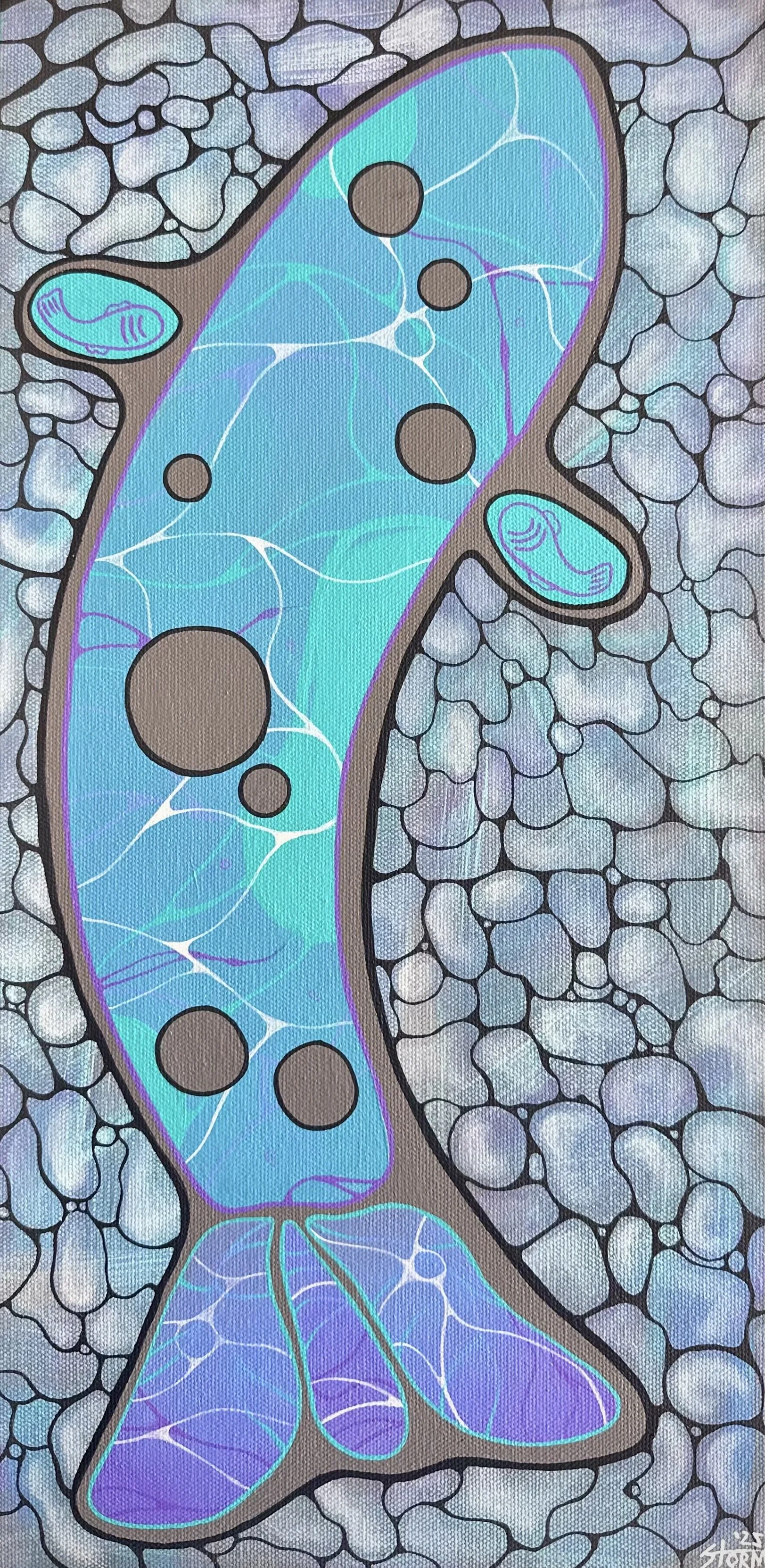 A digital artistic illustration of a single-celled organism with a large blue nucleus, mitochondria, and other internal structures, surrounded by a textured gray and black pebble-like background.