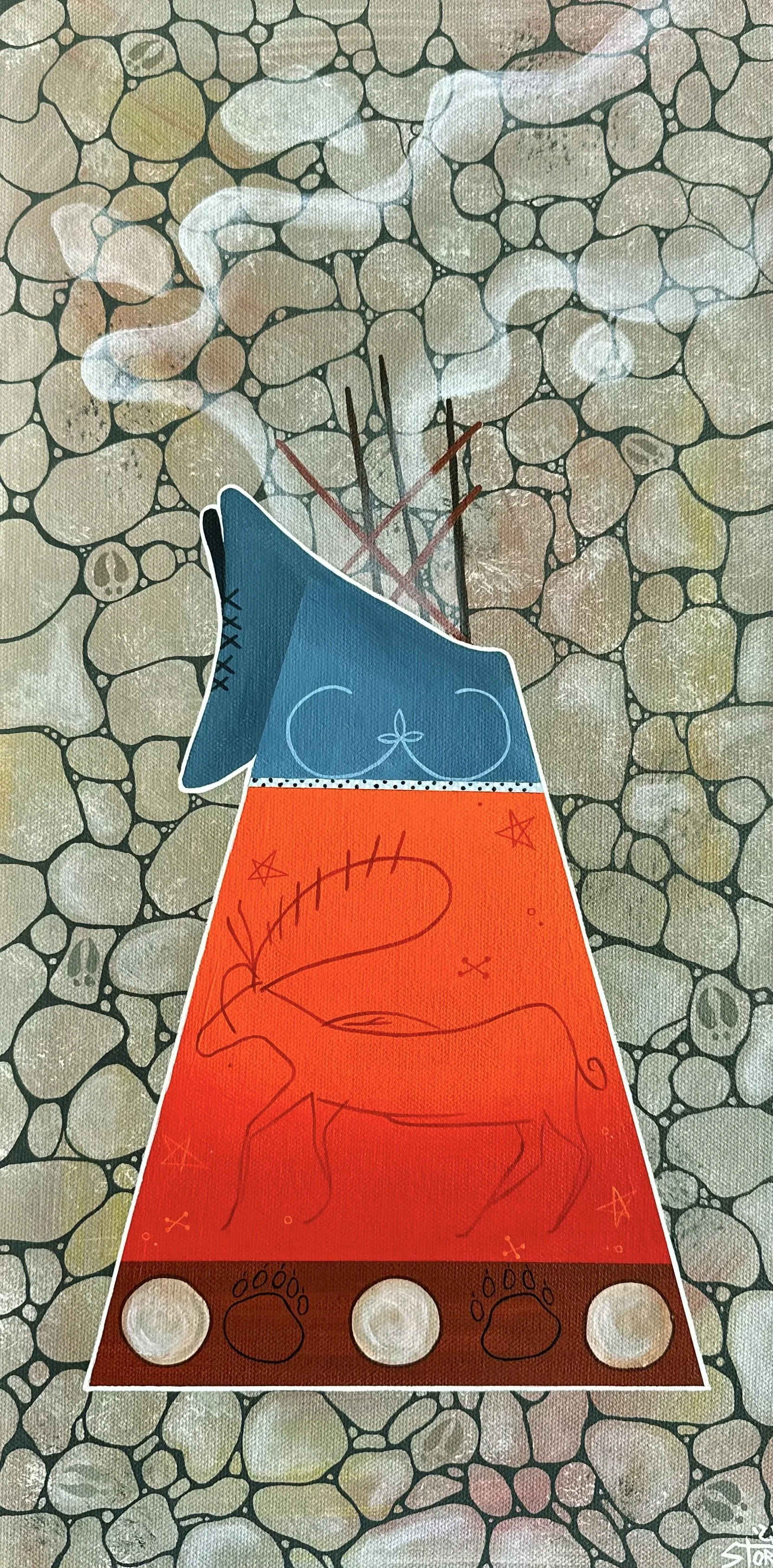 Bright wigwam painting with a moose petroglyph in the middle. Smoke is billowing from the top, showing the sweat ceremony is happening against a brown and grey rock patterned background