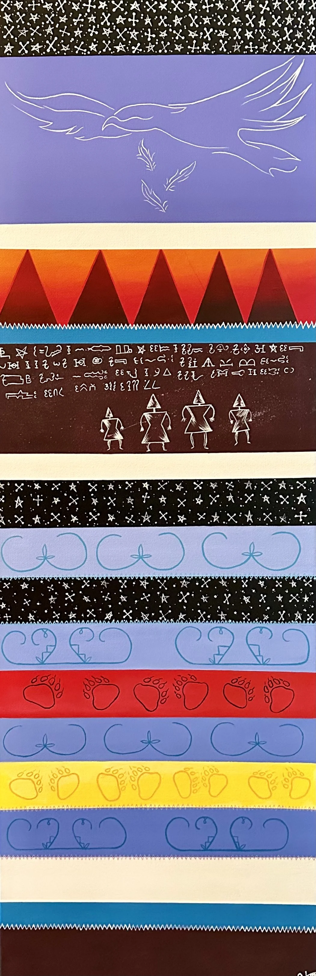 Colorful patterned ribbons including black with white stars, purple with white line art of a flying bird, red with black triangles, black with white hieroglyphic-like symbols, black with white star patterns, light blue with darker blue heart shapes, 