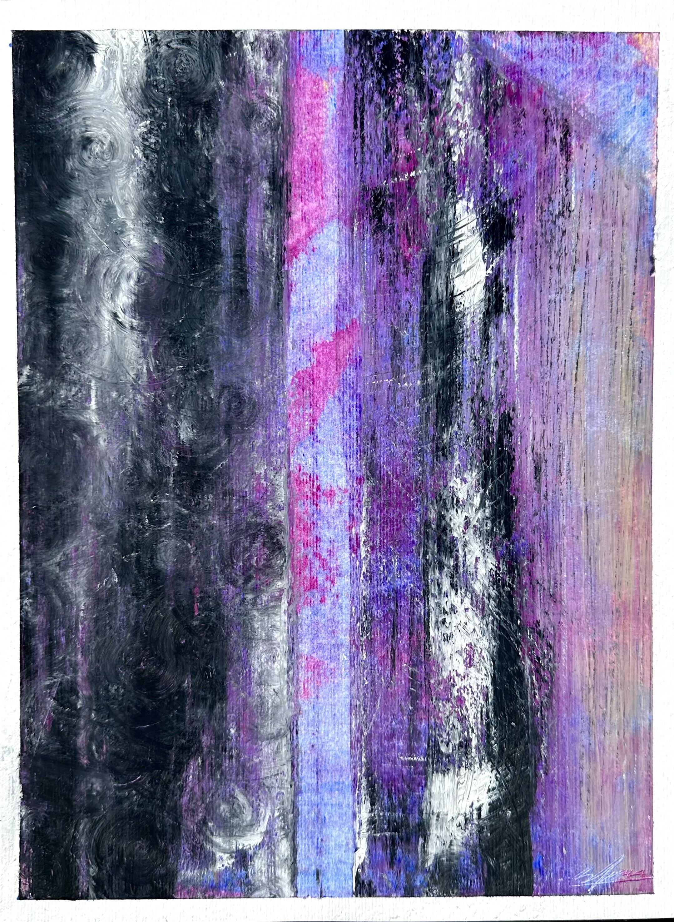 Abstract painting with vertical stripes in black, purple, pink, blue, and white, with textured and swirling patterns.