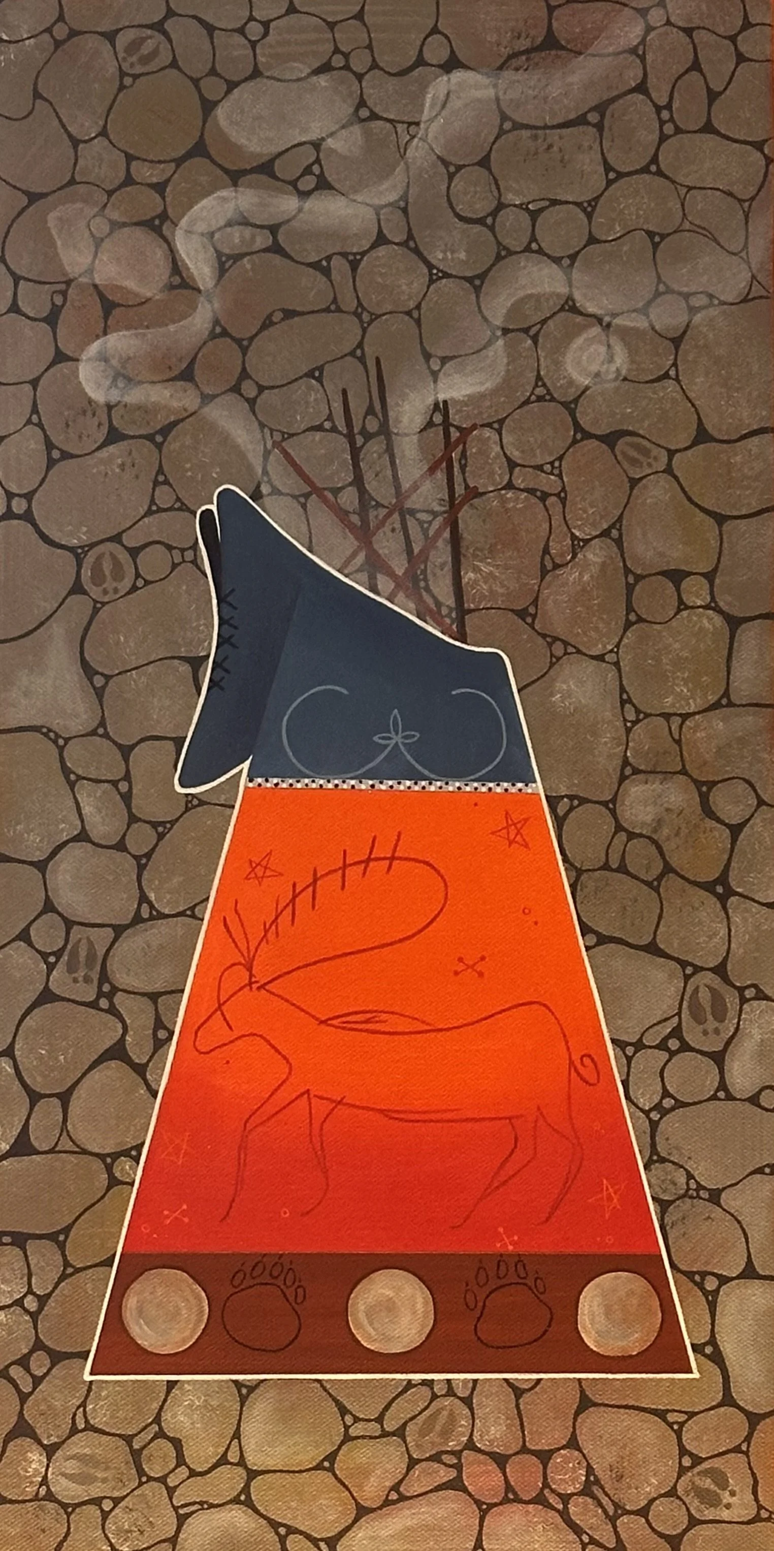 A paper placemat on a stone floor floor with an illustration of a reindeer, stars, and gift boxes, with a drink with a straw and a lemon wedge placed on top.