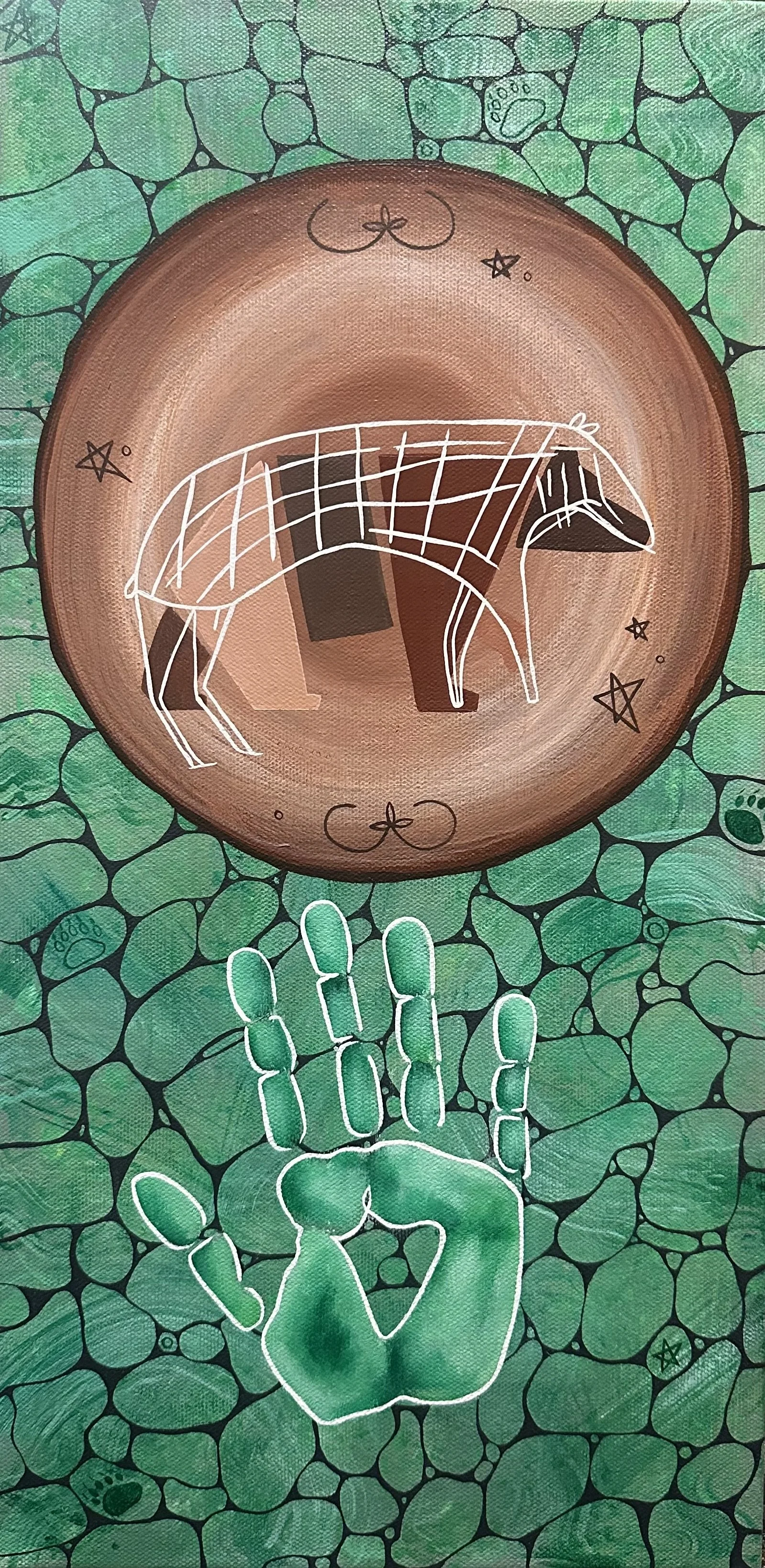 A palm of a hand is outlined in white against a green, stone-like patterned background. Above this, there is a brown circular object with a white wireframe drawing of a bear and some decorative black stars and swirls.